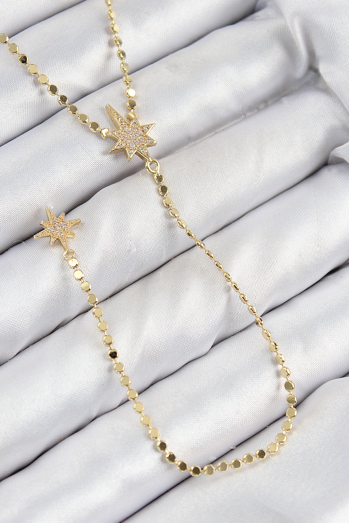 Pirinç Zirkon Taşlı Ezme Zincirli Kutup Yıldızı Model Gold Renk Y Kolye-0