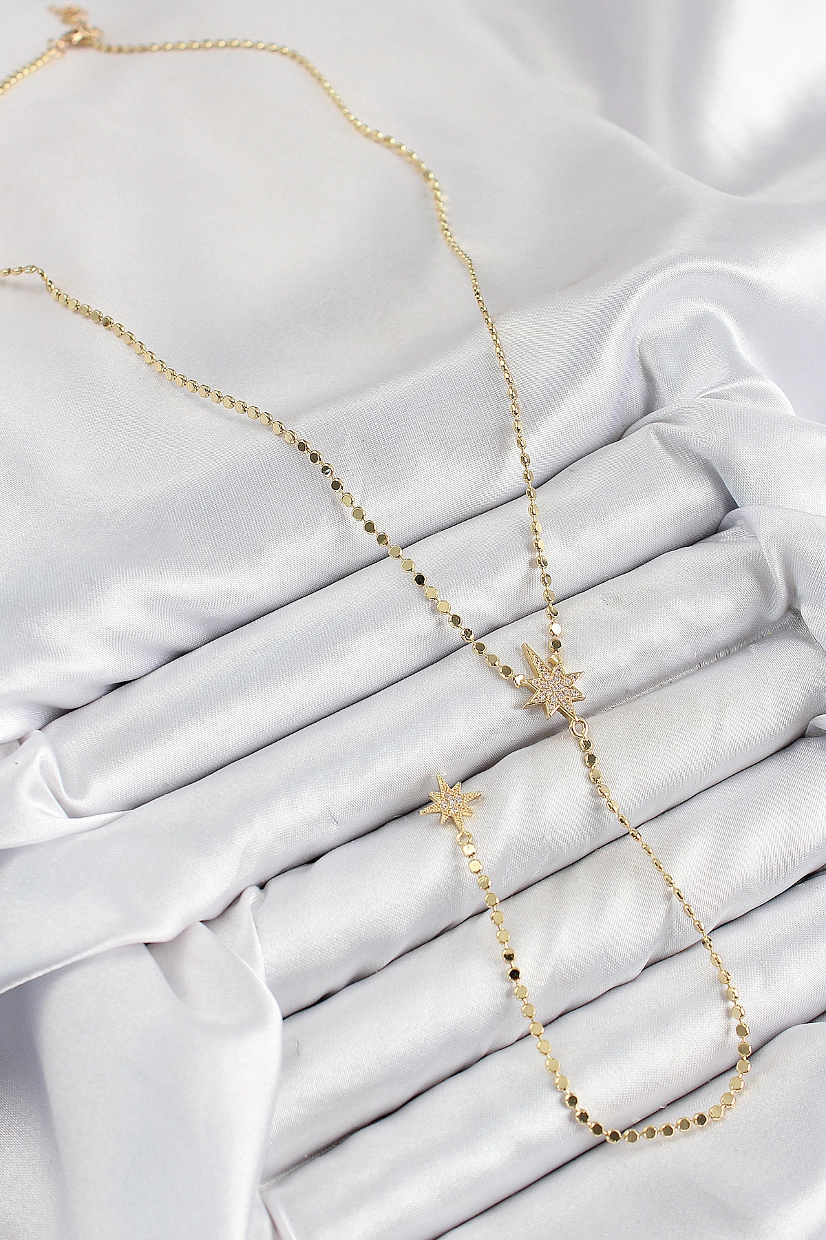 Pirinç Zirkon Taşlı Ezme Zincirli Kutup Yıldızı Model Gold Renk Y Kolye-1