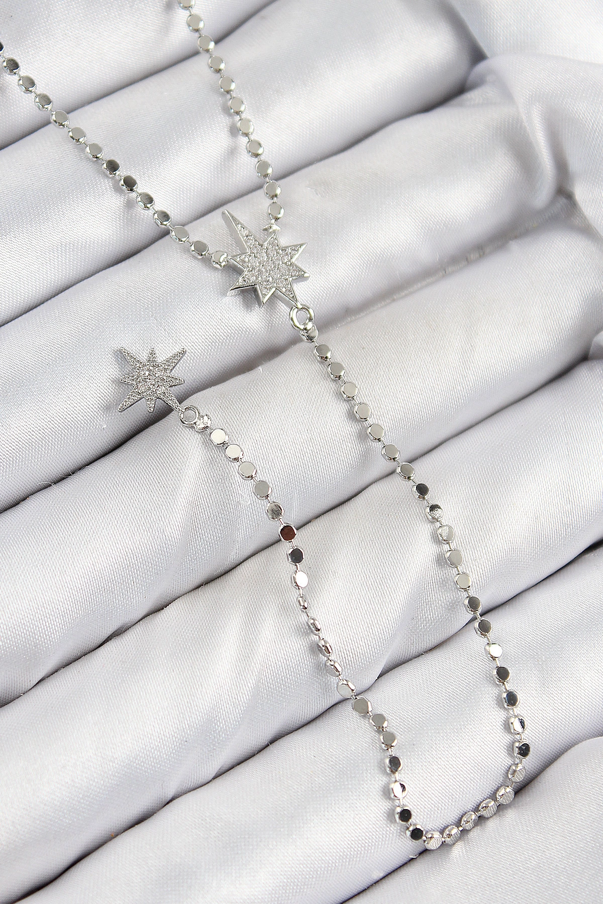 Pirinç Zirkon Taşlı Ezme Zincirli Kutup Yıldızı Model Gümüş Renk Y Kolye-0