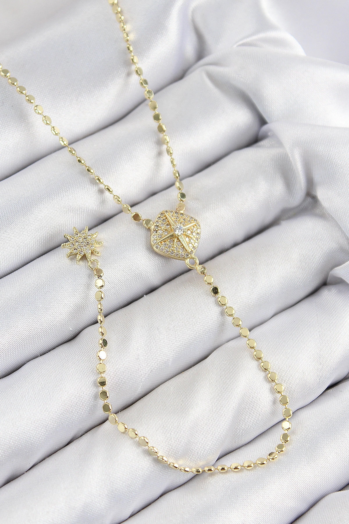 Pirinç Zirkon Taşlı Ezme Zincirli Madalyon Model Gold Renk Y Kolye-0