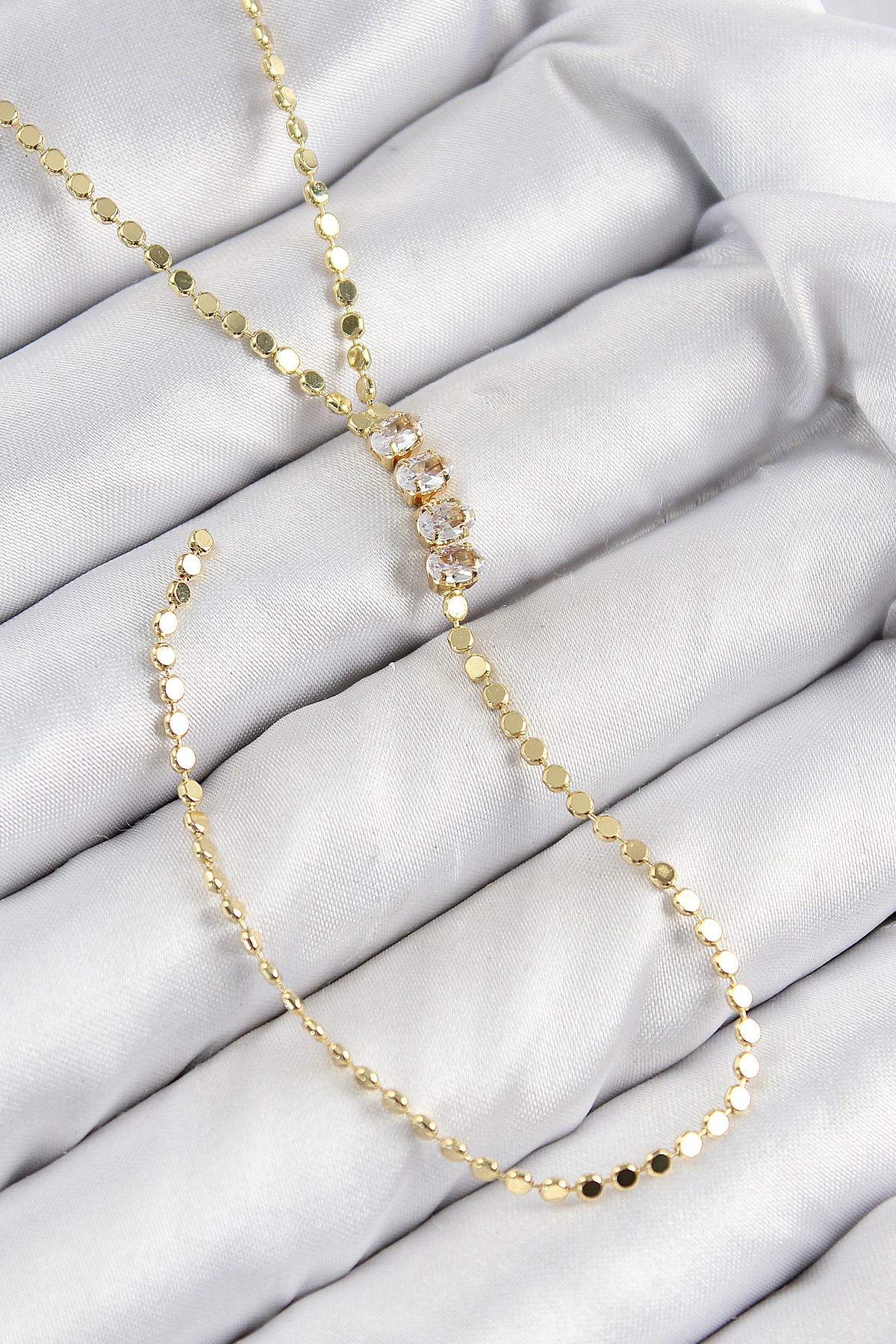 Pirinç Zirkon Taşlı Ezme Zincirli Model Gold Renk Y Kolye-0