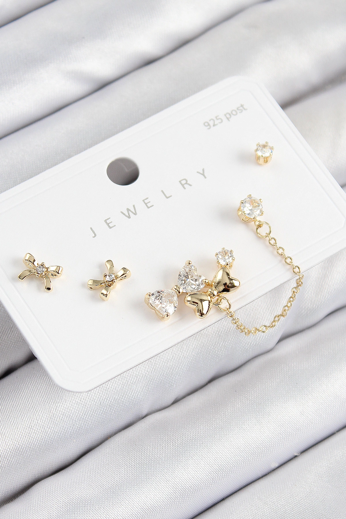 Pirinç Zirkon Taşlı Fiyonk Model Gold Renk 925 Ayar Gümüş Çivi Kadın Küpe Set-0