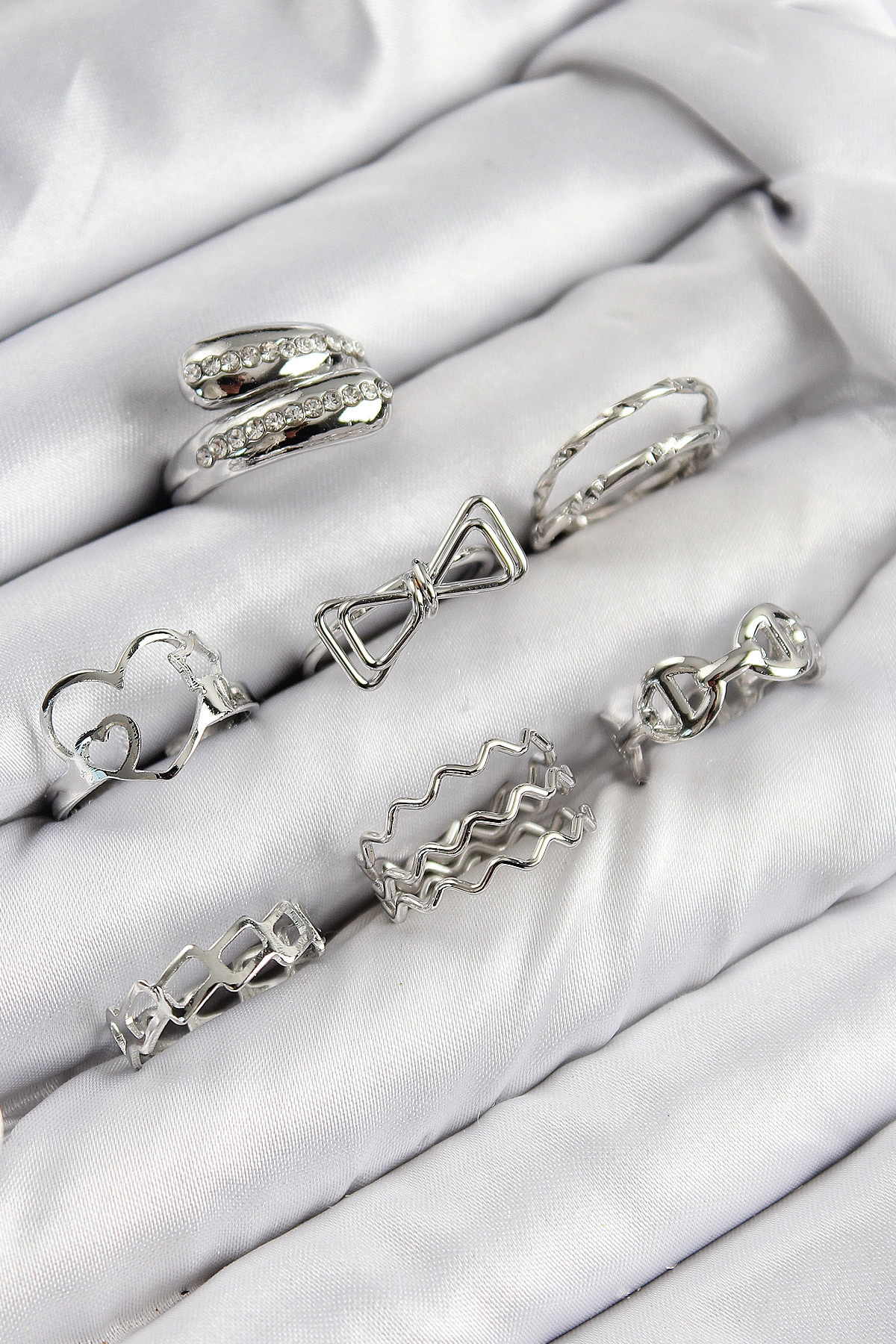 Pirinç Zirkon Taşlı Fiyonk Ve Kalp Model Gold Renk Kadın Yüzük Kombin Set-0