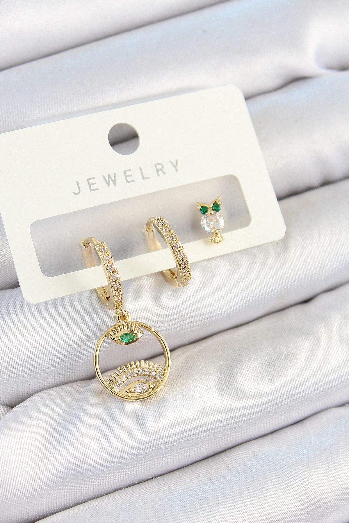 Pirinç Zirkon Taşlı Göz Ve Baykuş Model Gold Renk 3'lü Çift Kadın Küpe Set-0