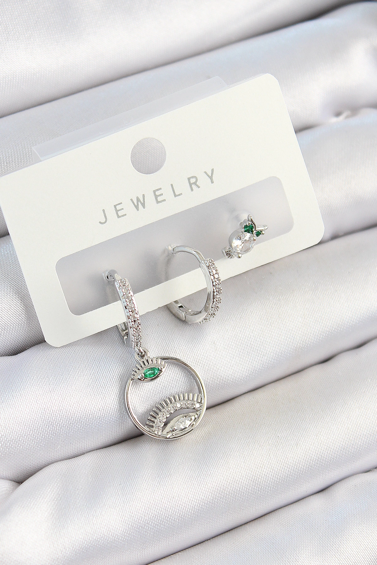 Pirinç Zirkon Taşlı Göz Ve Baykuş Model Gümüş Renk 3'lü Çift Kadın Küpe Set-0