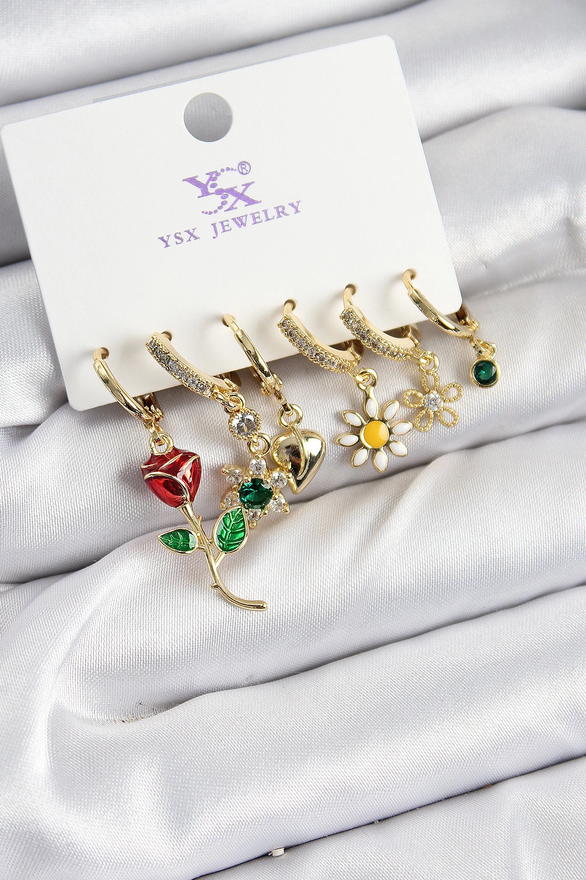 Pirinç Zİrkon Taşlı Gül Ve Papatya Model Gold Renk 3'lü Çift Kadın Küpe-0