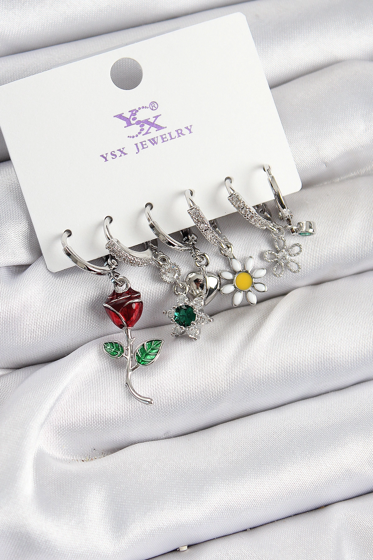 Pirinç Zİrkon Taşlı Gül Ve Papatya Model Gümüş Renk 3'lü Çift Kadın Küpe-0