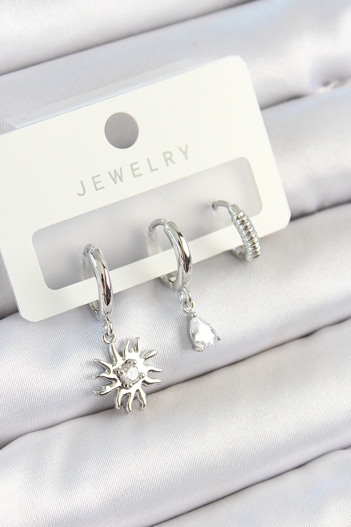 Pirinç Zirkon Taşlı Güneş Model Gümüş Renk 3'lü Çift Kadın Küpe Set-0