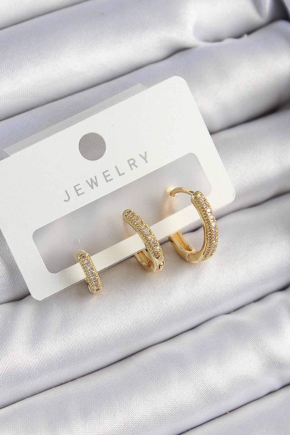 Pirinç Zirkon Taşlı Halka Model Gold Renk 3'lü Çift Kadın Küpe Set-0