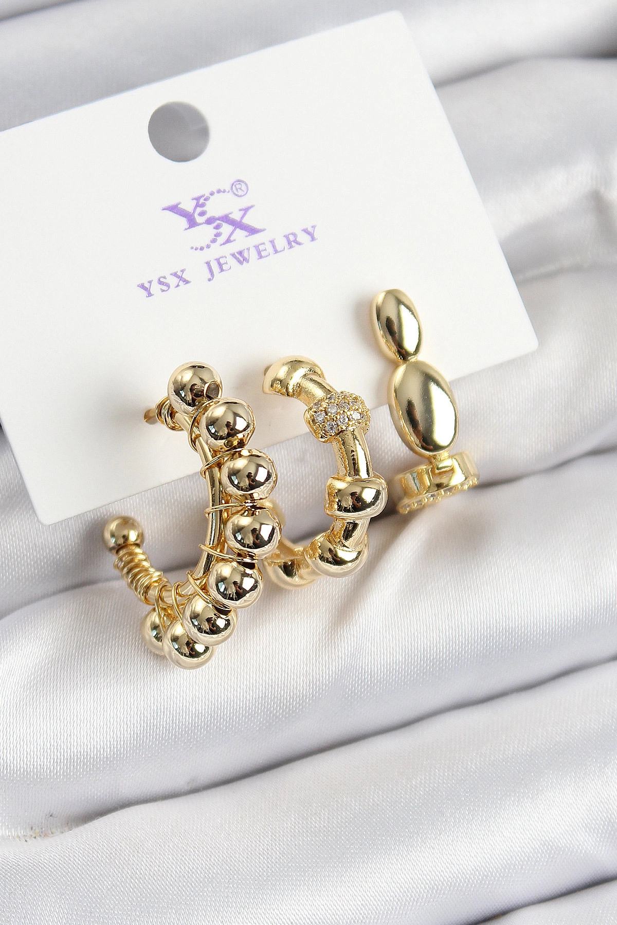 Pirinç Zİrkon Taşlı Halka Model Gold Renk 3'lü Kadın Küpe-0