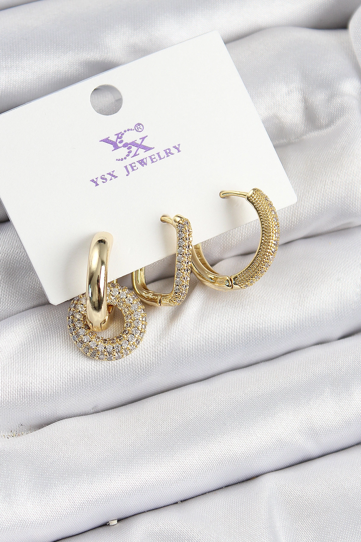 Pirinç Zİrkon Taşlı Halka Model Gold Renk 3'lü Kadın Küpe-0