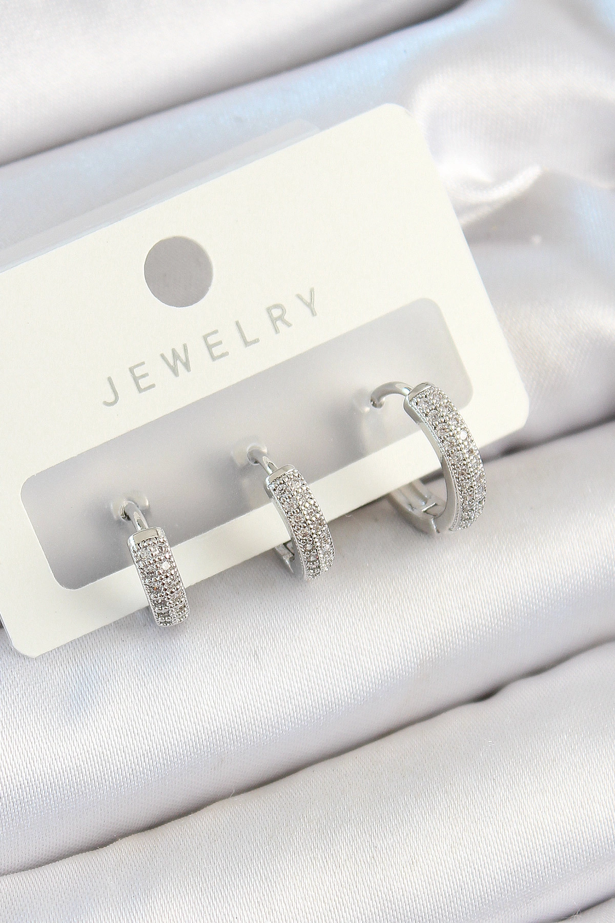 Pirinç Zirkon Taşlı Halka Model Gümüş Renk 3'lü Çift Kadın Küpe Set-0