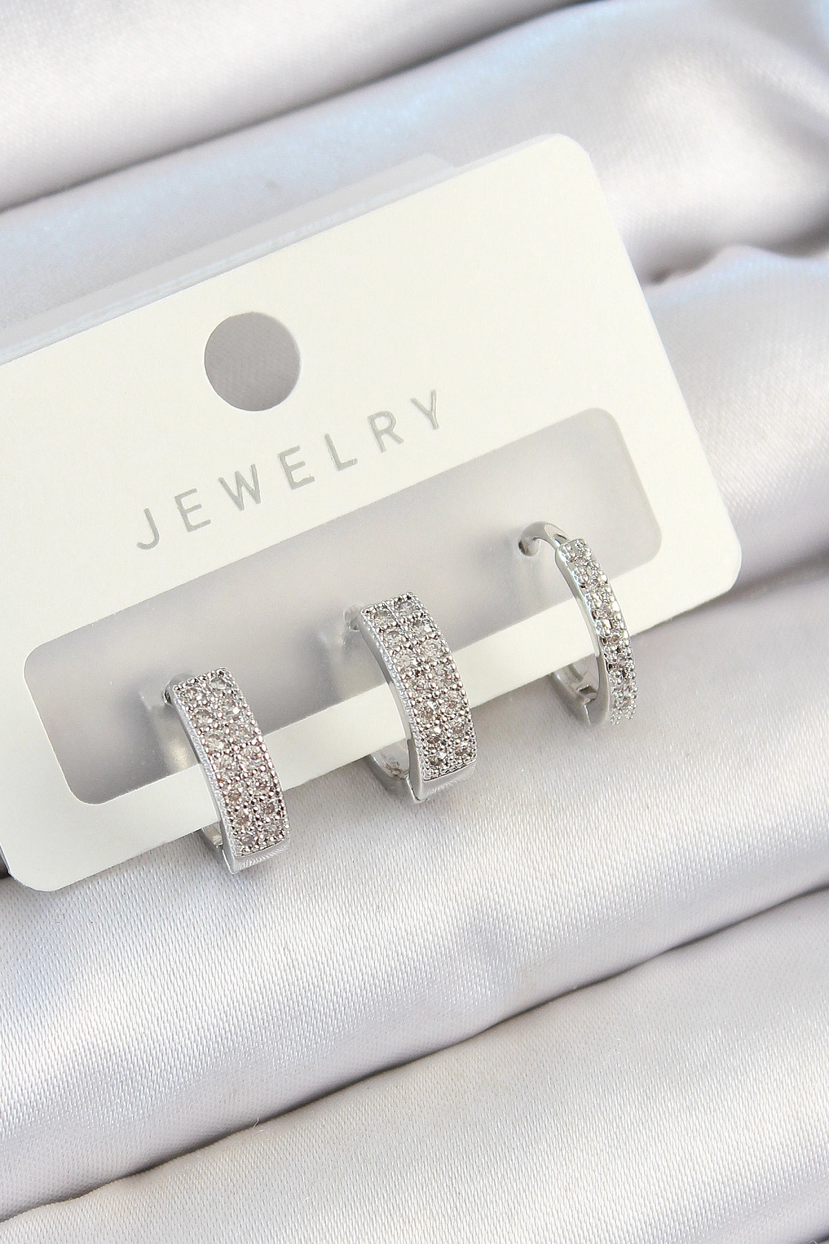 Pirinç Zirkon Taşlı Halka Model Gümüş Renk 3'lü Çift Kadın Küpe Set-0