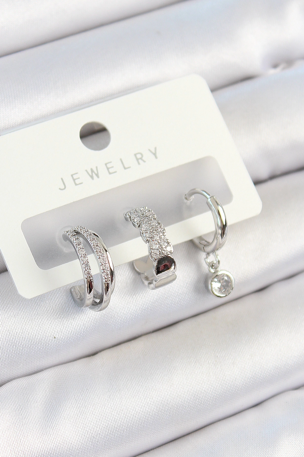 Pirinç Zirkon Taşlı Halka Model Gümüş Renk 3'lü Çift Kadın Küpe Set-0