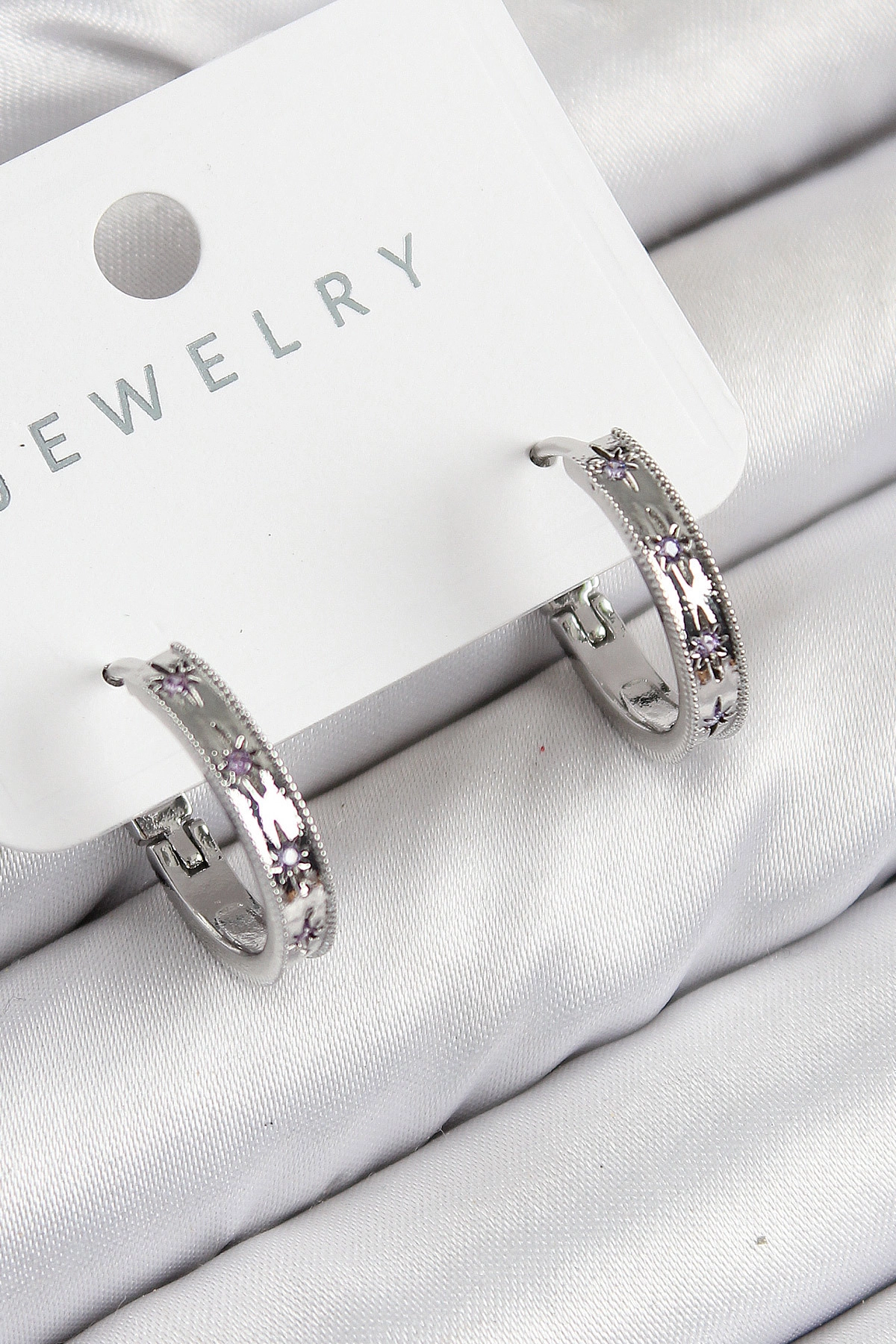 Pirinç Zirkon Taşlı Halka Model Gümüş Renk Kadın Küpe-0