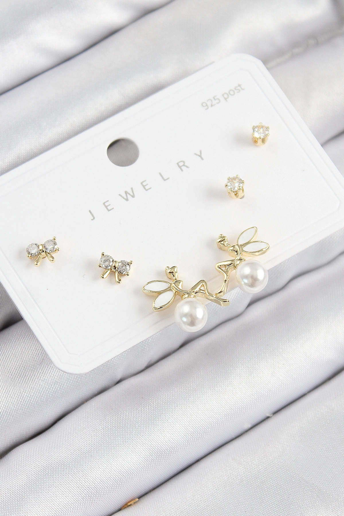 Pirinç Zirkon Taşlı İnci Melek Model Gold Renk 925 Ayar Gümüş Çivi Kadın Küpe Set-0