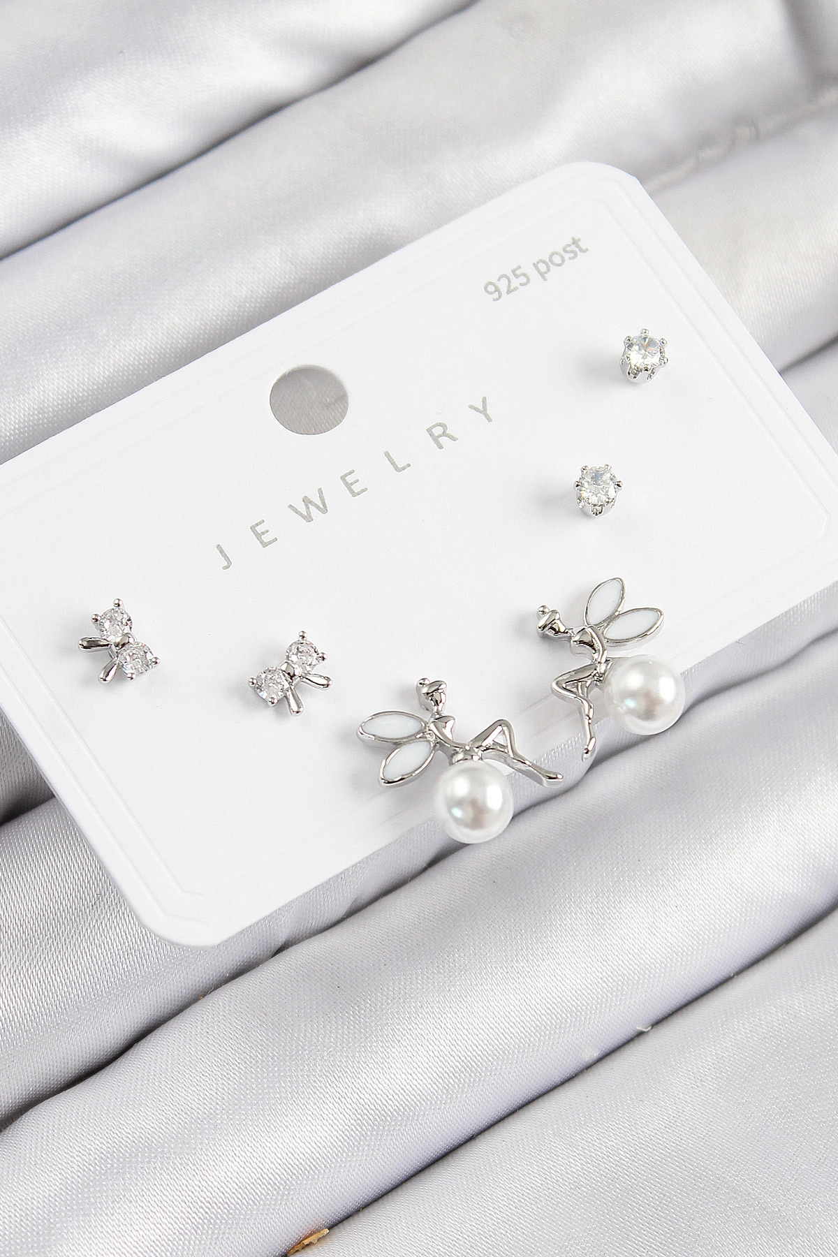 Pirinç Zirkon Taşlı İnci Melek Model Gümüş Renk 925 Ayar Gümüş Çivi Kadın Küpe Set-0