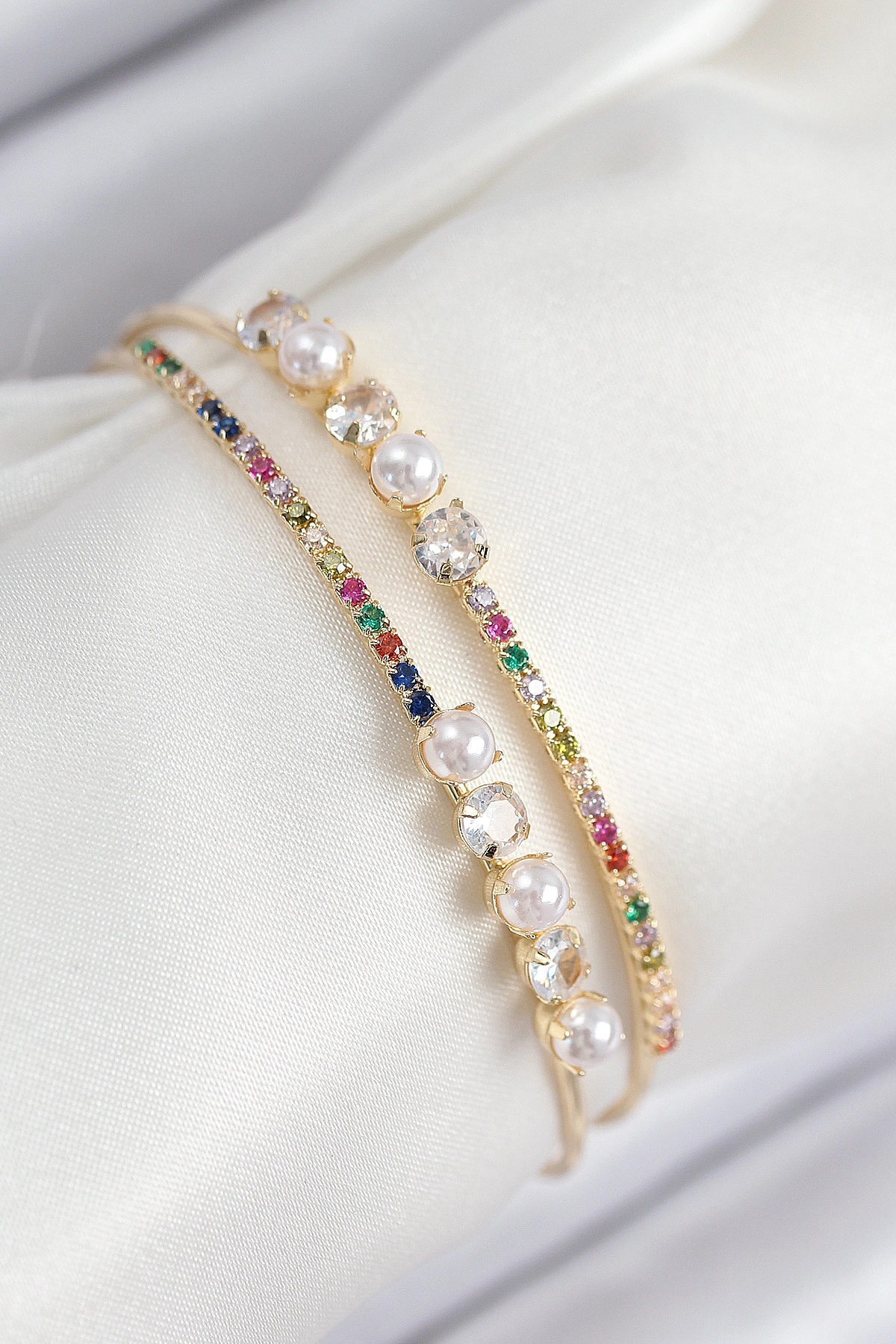 Pirinç Zirkon Taşlı İnci Model Gold Renk Kadın Bileklik-0