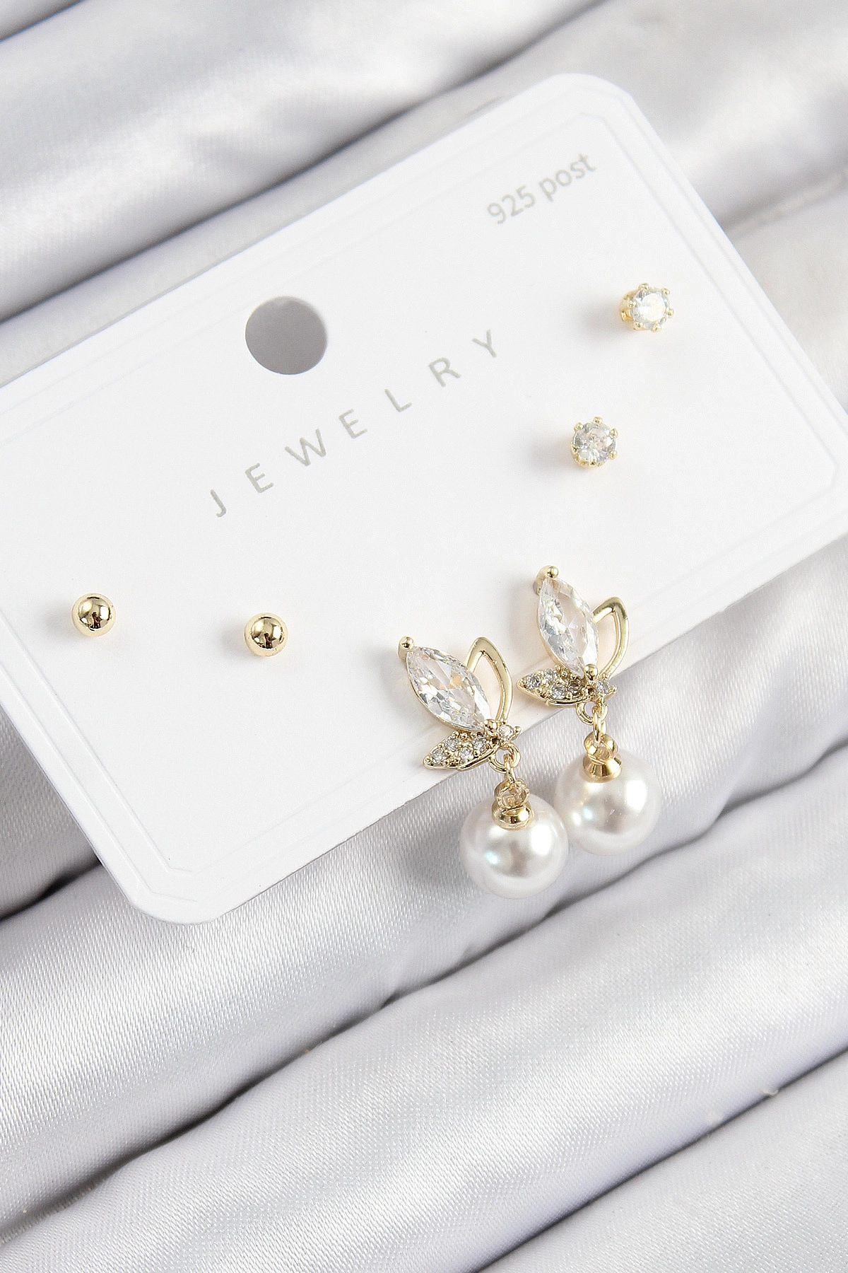 Pirinç Zirkon Taşlı İnci Sallantılı Damla Model Gold Renk 925 Ayar Gümüş Çivi Kadın Küpe Set-0