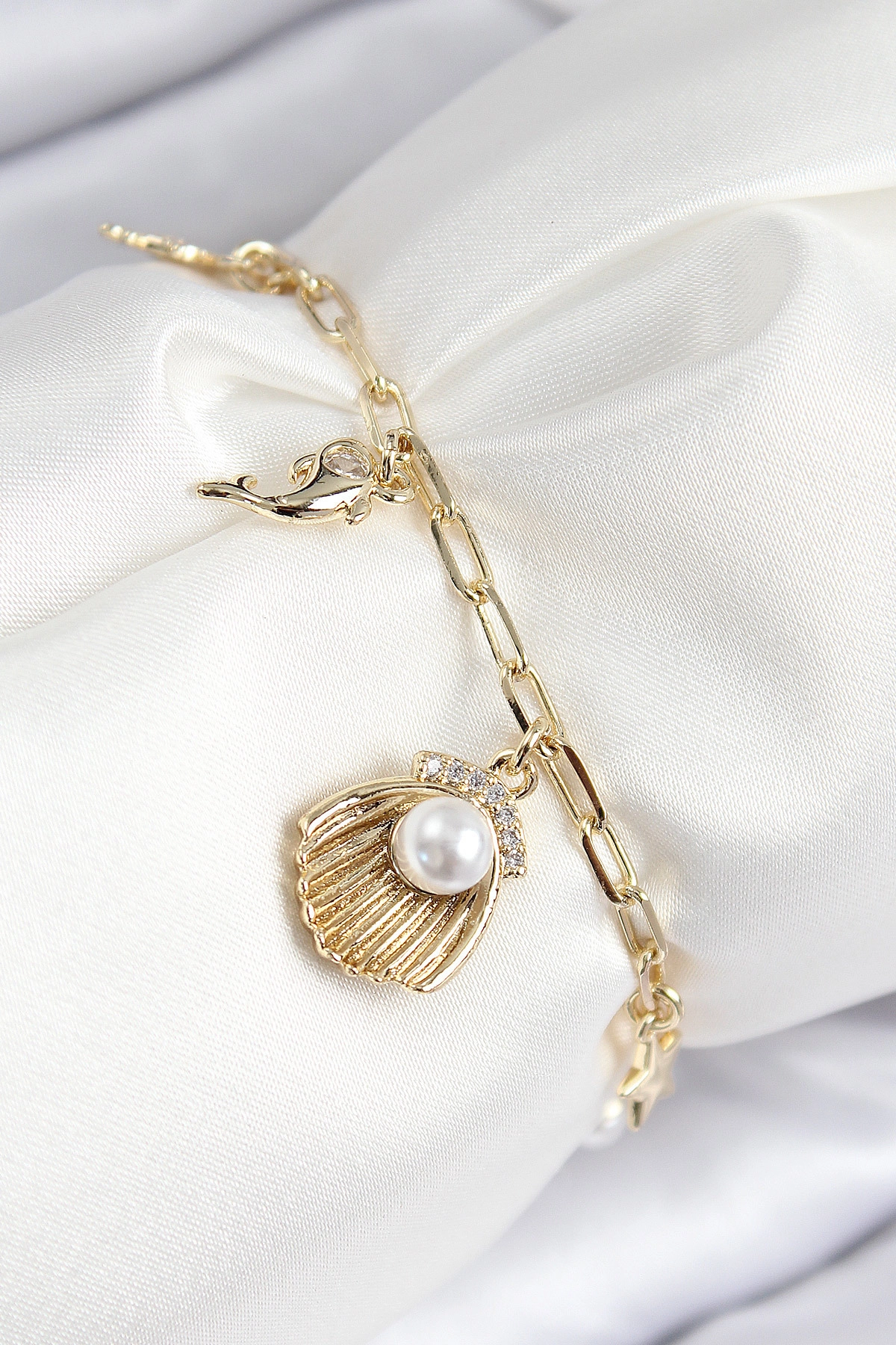 Pirinç Zirkon Taşlı İncili İstiridye Model Gold Renk Kadın Bileklik-0