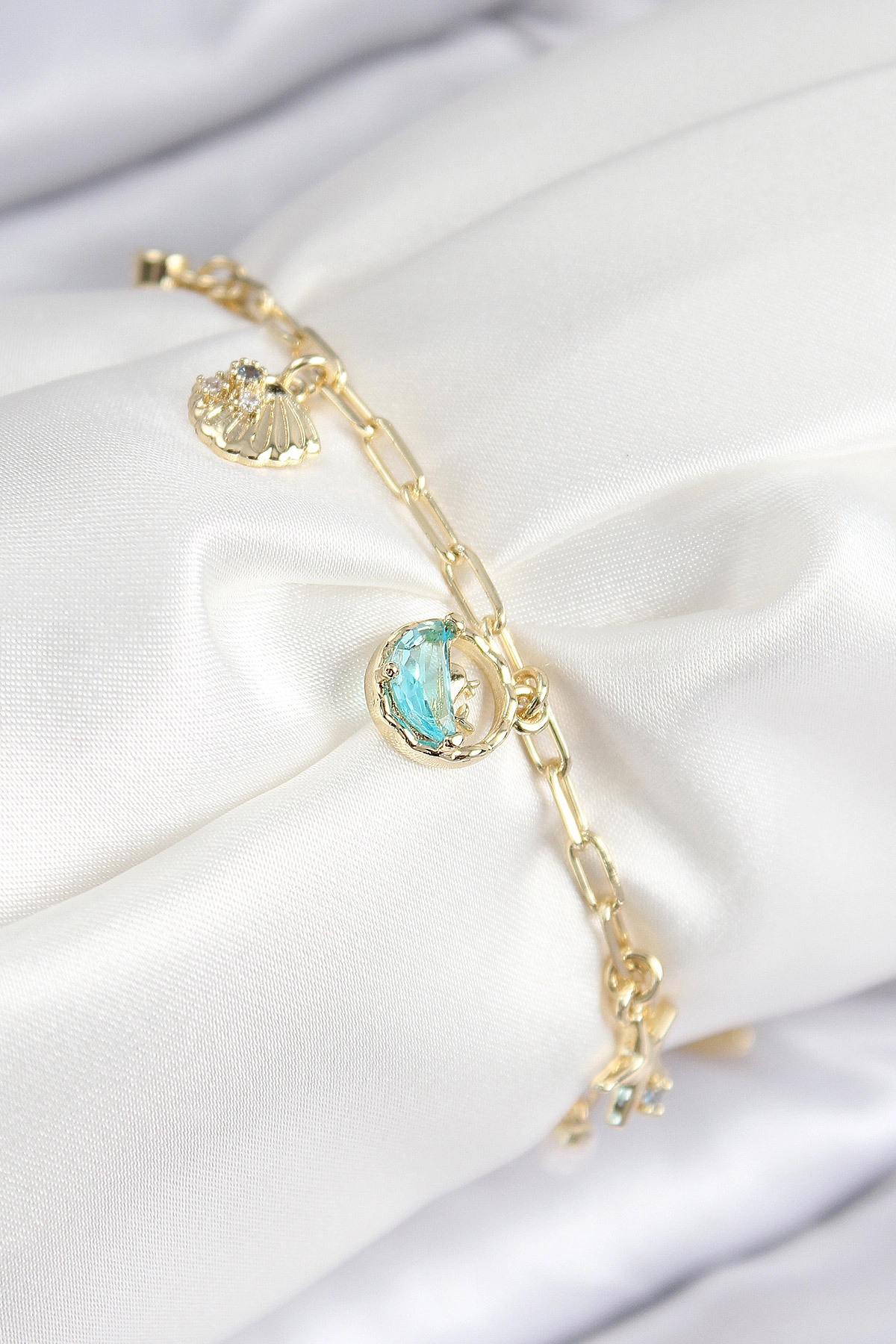 Pirinç Zirkon Taşlı İstiridye Model Gold Renk Kadın Bileklik-0