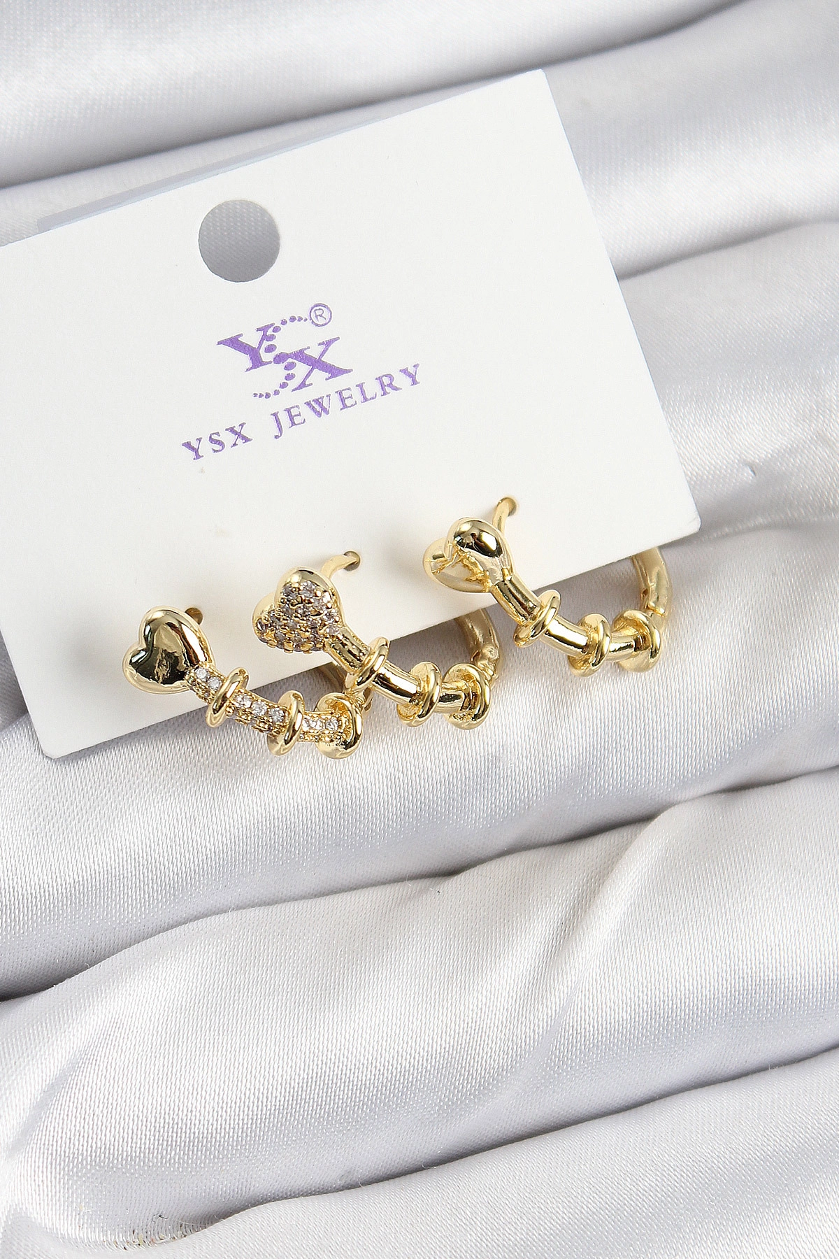 Pirinç Zİrkon Taşlı Kalp Model Gold Renk 3'lü Kadın Küpe-0