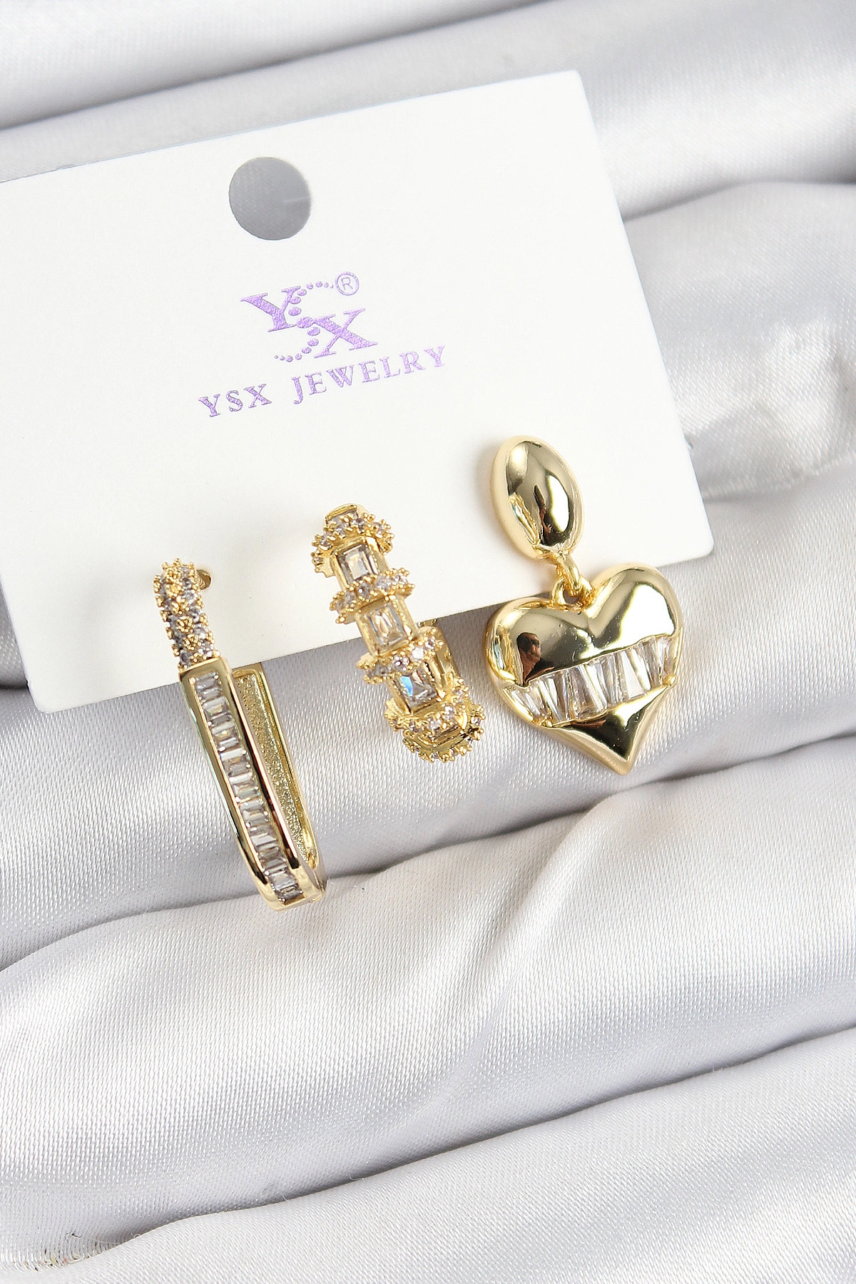 Pirinç Zİrkon Taşlı Kalp Model Gold Renk 3'lü Kadın Küpe-0