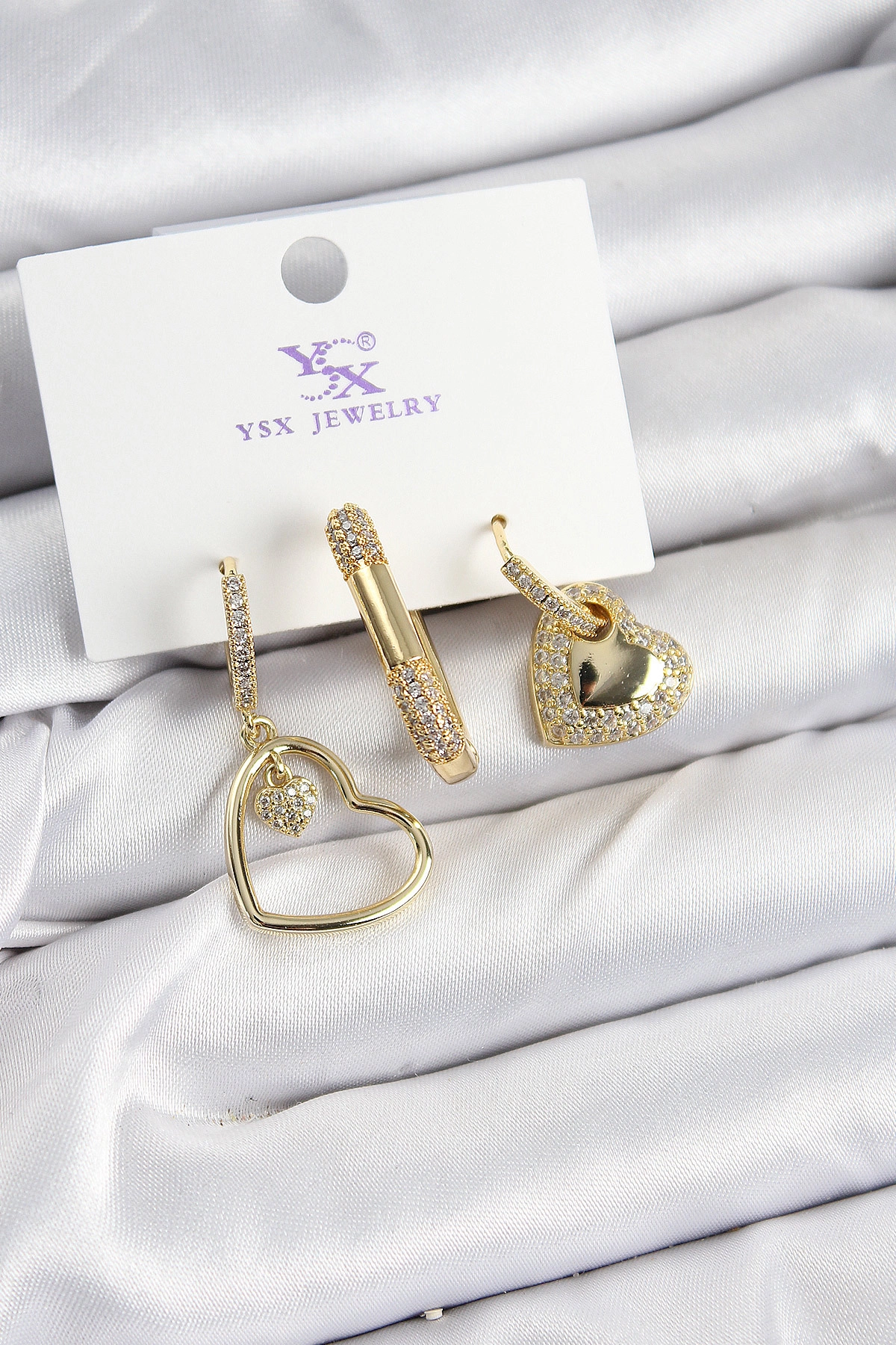 Pirinç Zİrkon Taşlı Kalp Model Gold Renk 3'lü Kadın Küpe-0