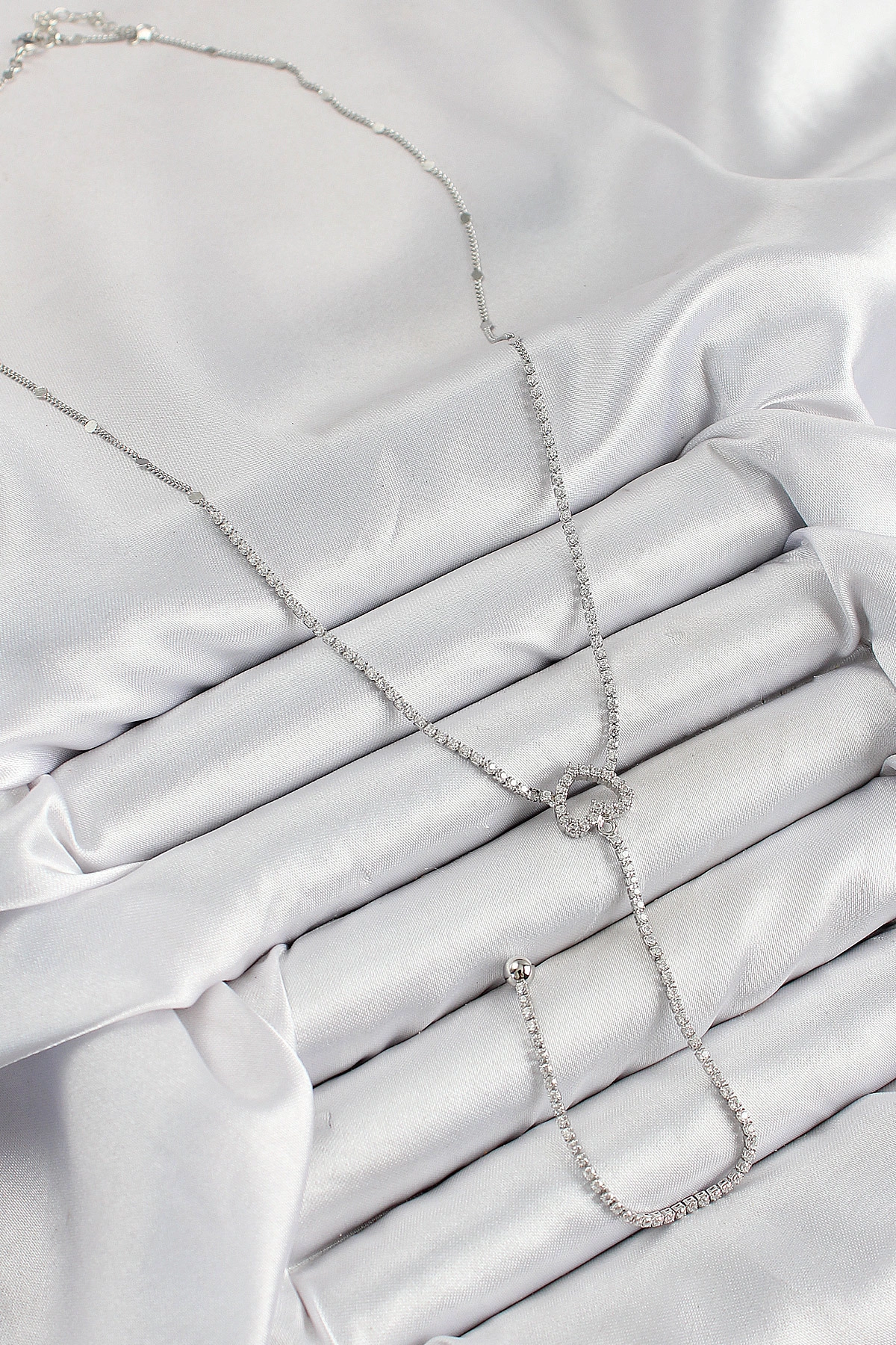 Pirinç Zirkon Taşlı Kalp Model Gümüş Renk Y Kolye-1