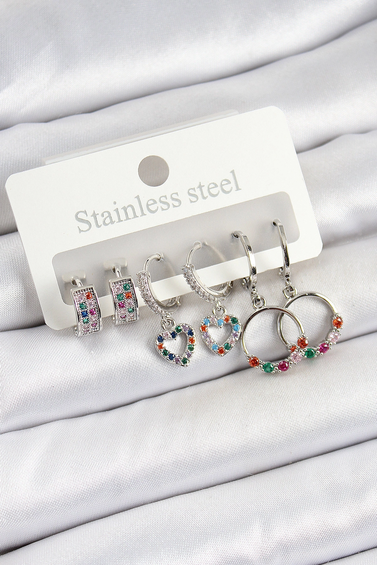 Pirinç Zirkon Taşlı Kalp Ve Halka Model Gold Renk 6'lı Set Kadın Küpe-0