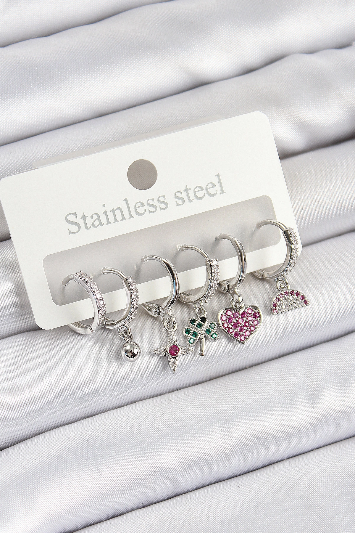 Pirinç Zirkon Taşlı Karpuz Yonca Kalp Pusula Karışık Model Gümüş Renk 6'lı Set Kadın Küpe-0