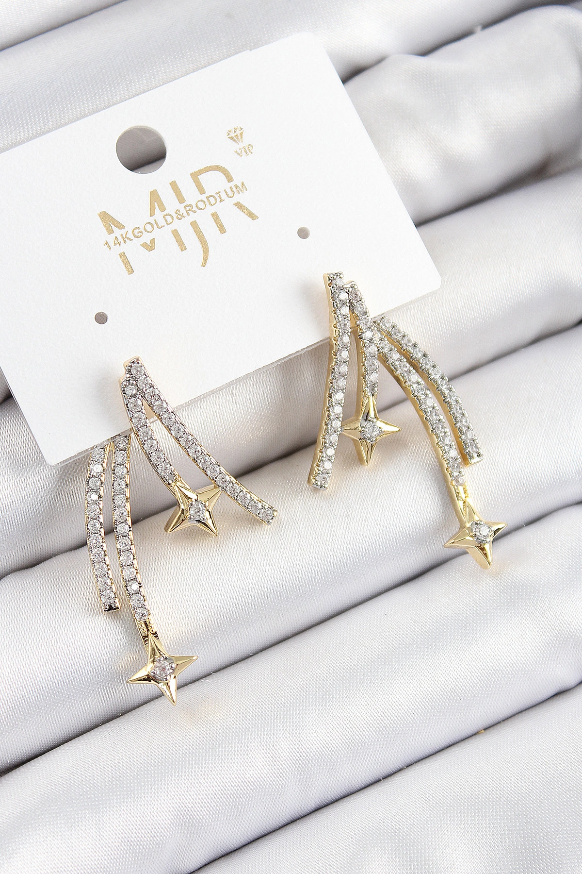 Pirinç Zirkon Taşlı Kayan Yıldız Model Gold Ve Gümüş Renk Kadın Küpe-0