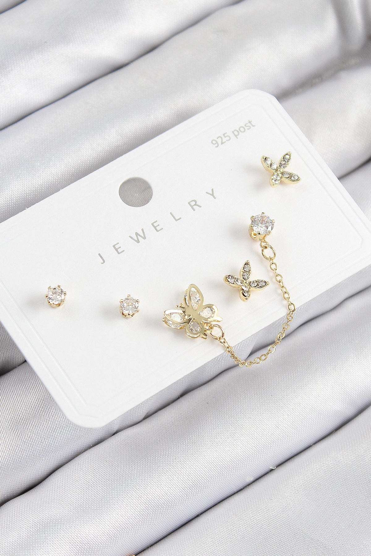 Pirinç Zirkon Taşlı Kelebek Model Gold Renk 925 Ayar Gümüş Çivi Kadın Küpe Set-0