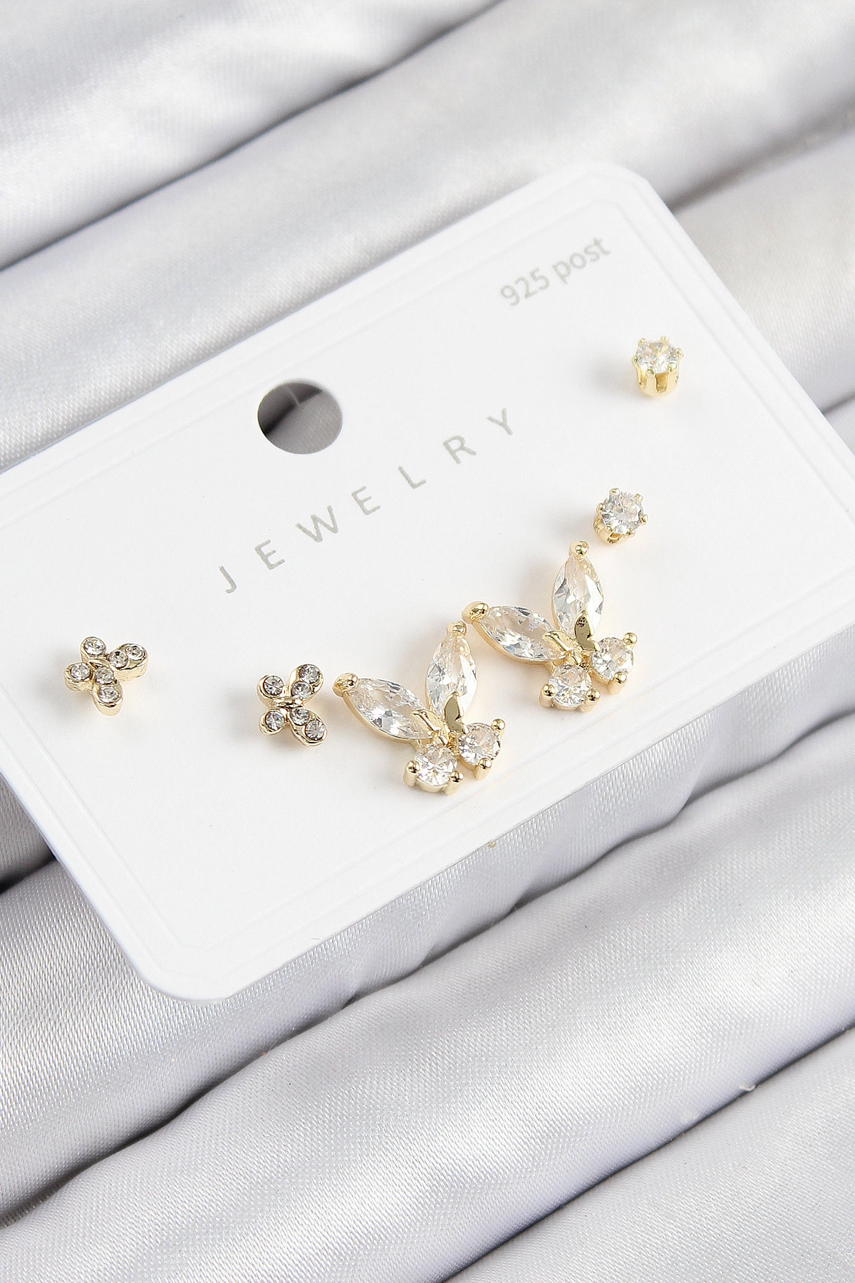 Pirinç Zirkon Taşlı Kelebek Model Gold Renk 925 Ayar Gümüş Çivi Kadın Küpe Set-0