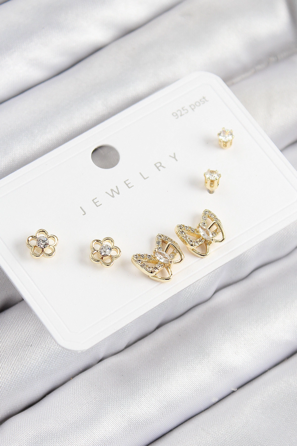 Pirinç Zirkon Taşlı Kelebek Model Gold Renk 925 Ayar Gümüş Çivi Kadın Küpe Set-0