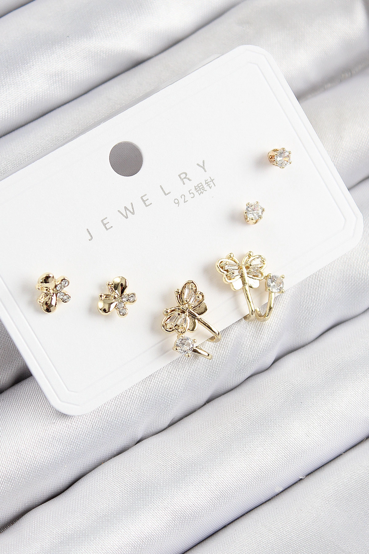 Pirinç Zirkon Taşlı Kelebek Model Gold Renk 925 Ayar Gümüş Çivi Kadın Küpe Set-0