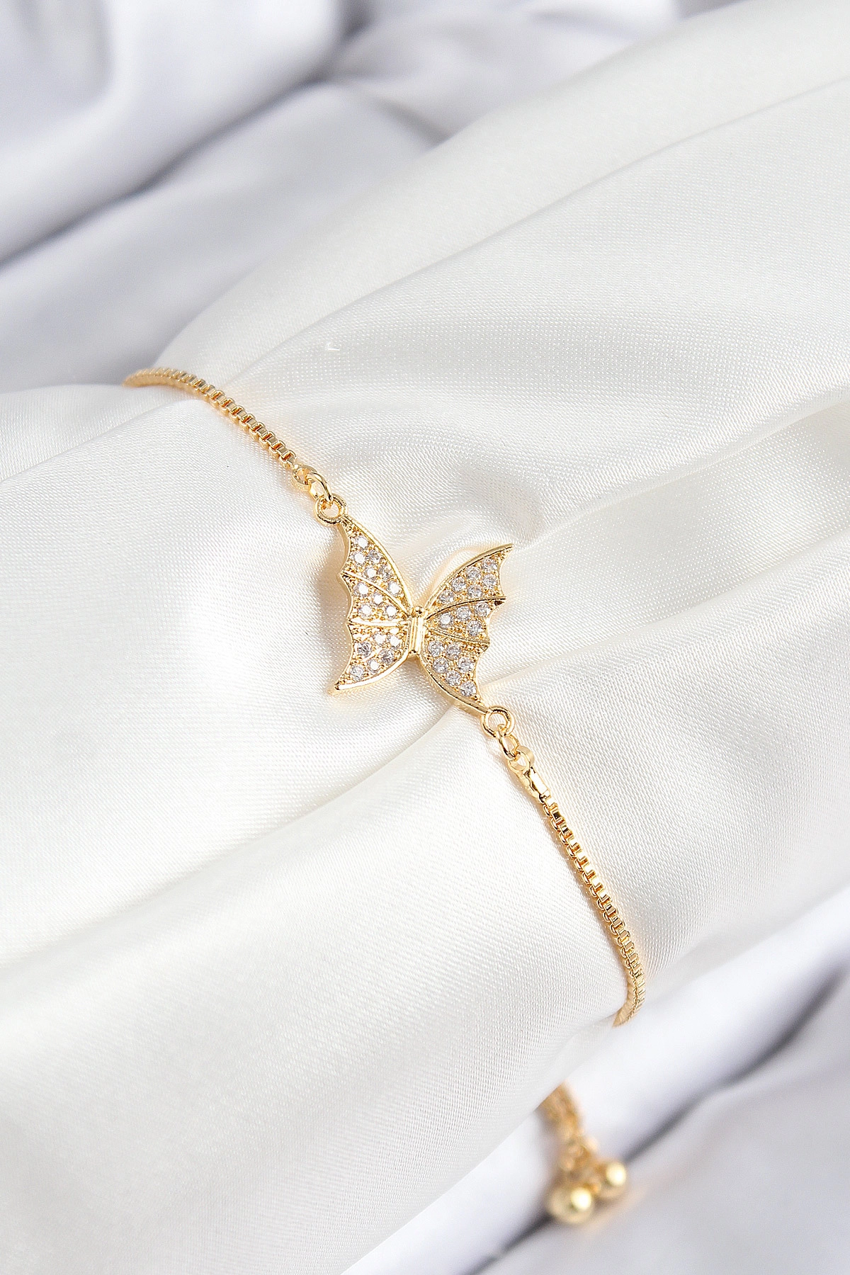 Pirinç Zirkon Taşlı Kelebek Model Gold Renk Asansörlü Kadın Bileklik-0