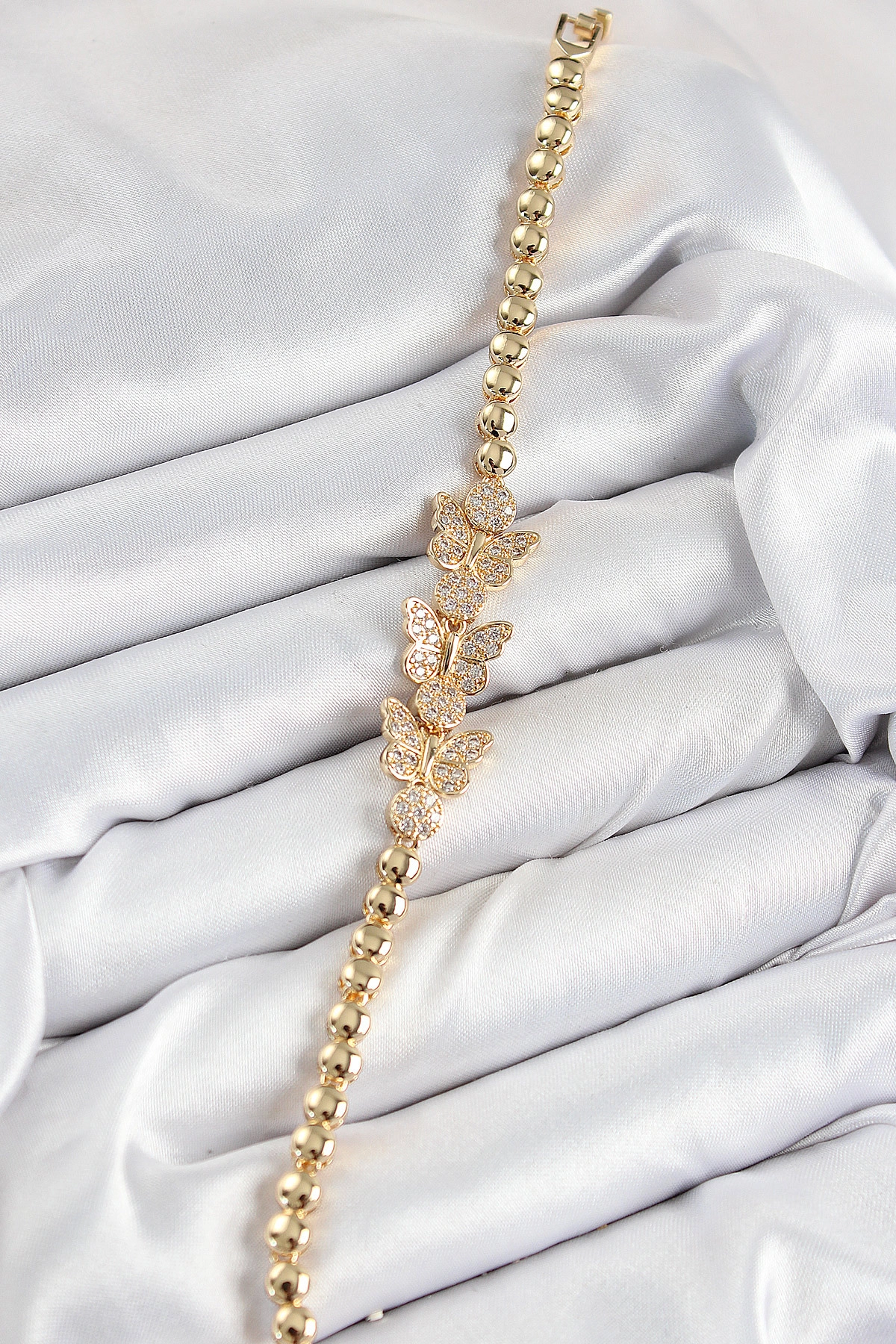 Pirinç Zirkon Taşlı Kelebek Model Gold Renk Kadın Bileklik-1