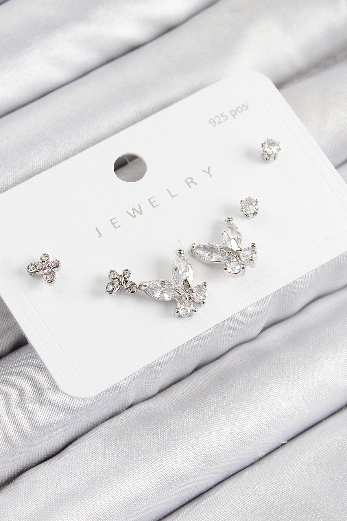 Pirinç Zirkon Taşlı Kelebek Model Gümüş Renk 925 Ayar Gümüş Çivi Kadın Küpe Set-0