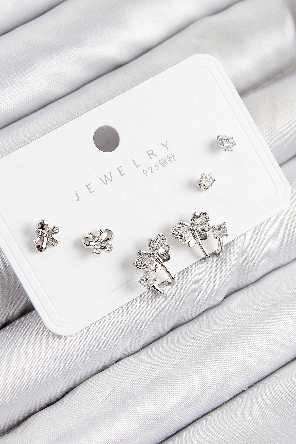 Pirinç Zirkon Taşlı Kelebek Model Gümüş Renk 925 Ayar Gümüş Çivi Kadın Küpe Set-0