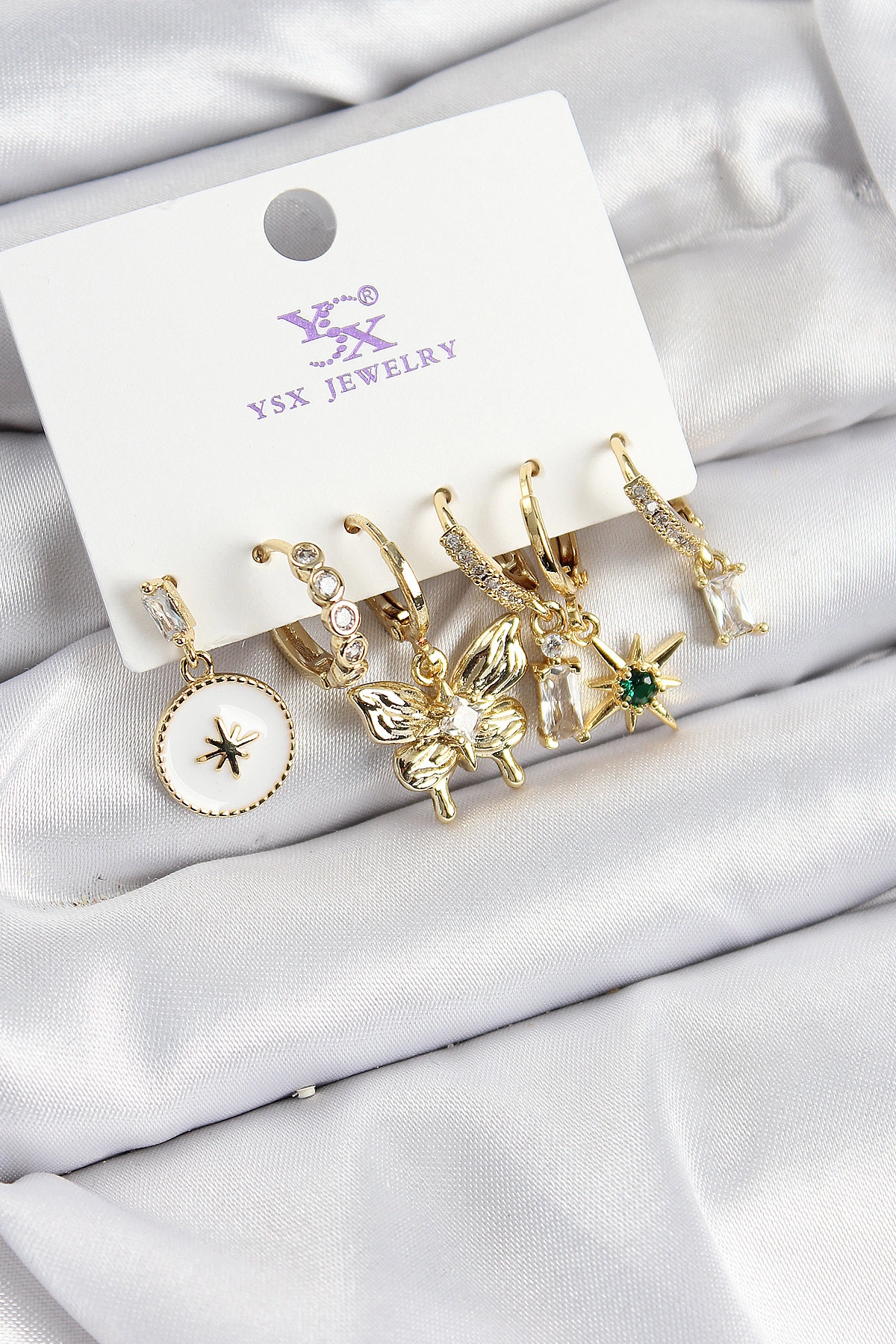 Pirinç Zİrkon Taşlı Kelebek ve Yıldız Model Gold Renk 3'lü Çift Kadın Küpe-0