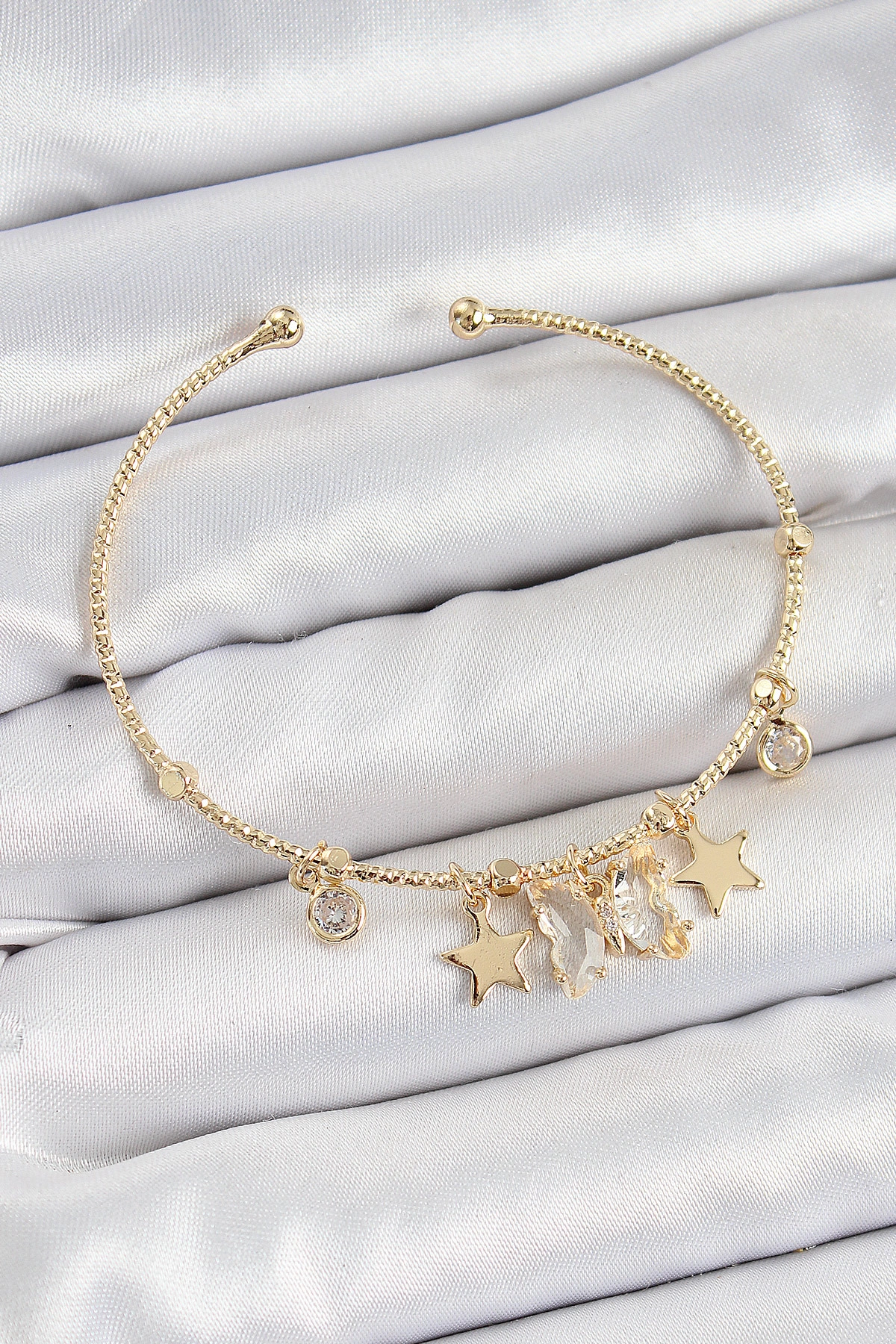 Pirinç Zirkon Taşlı Kelebek Ve Yıldız Model Gold Renk Charm Bileklik-0