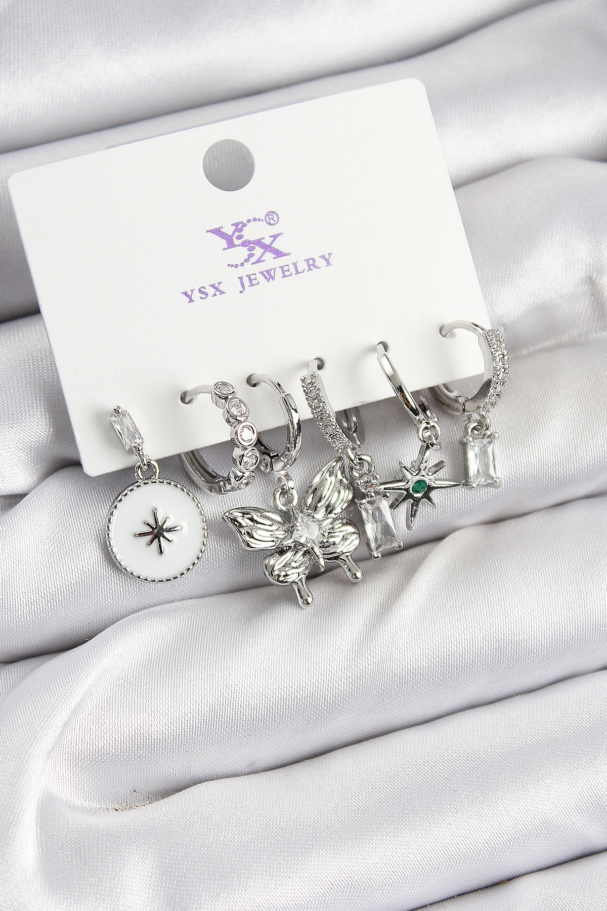 Pirinç Zİrkon Taşlı Kelebek ve Yıldız Model Gümüş Renk 3'lü Çift Kadın Küpe-0