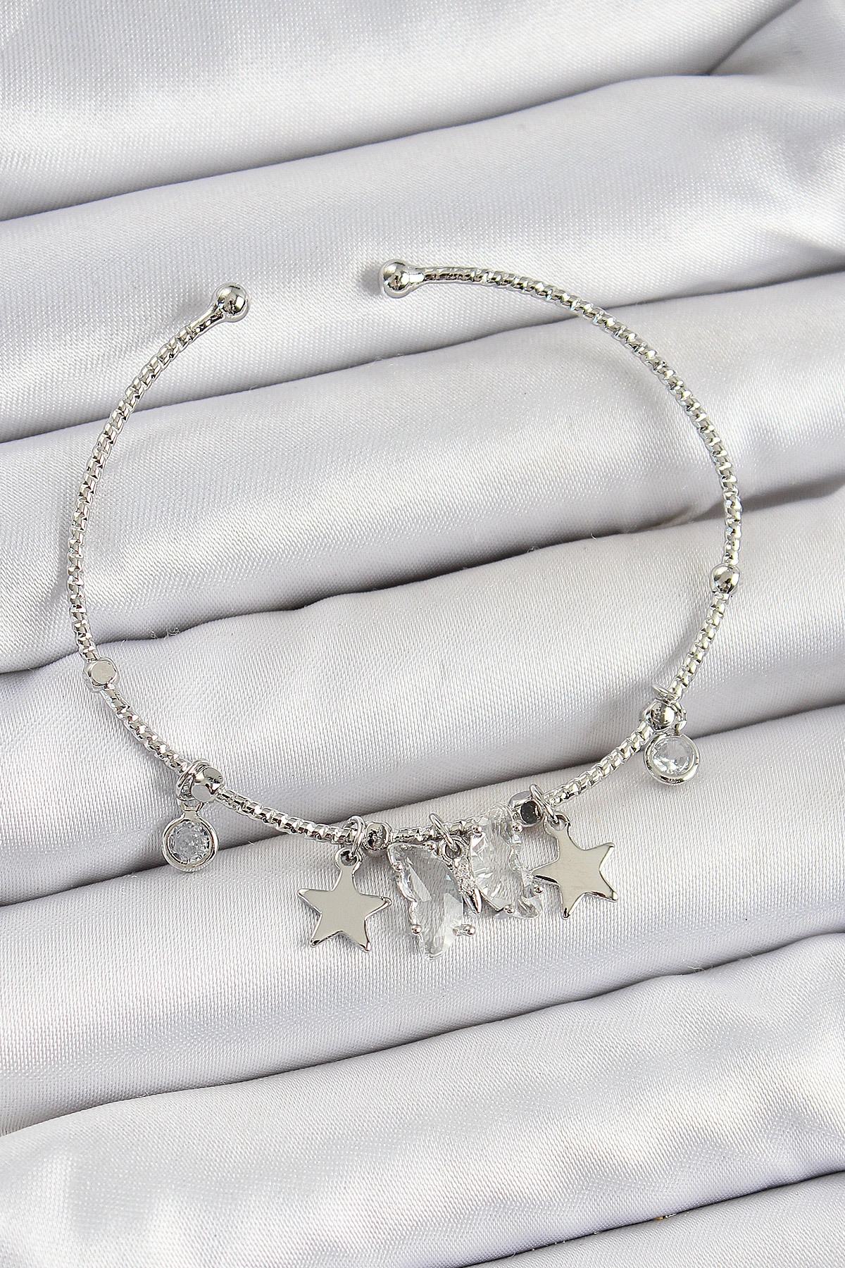 Pirinç Zirkon Taşlı Kelebek Ve Yıldız Model Gümüş Renk Charm Bileklik-0