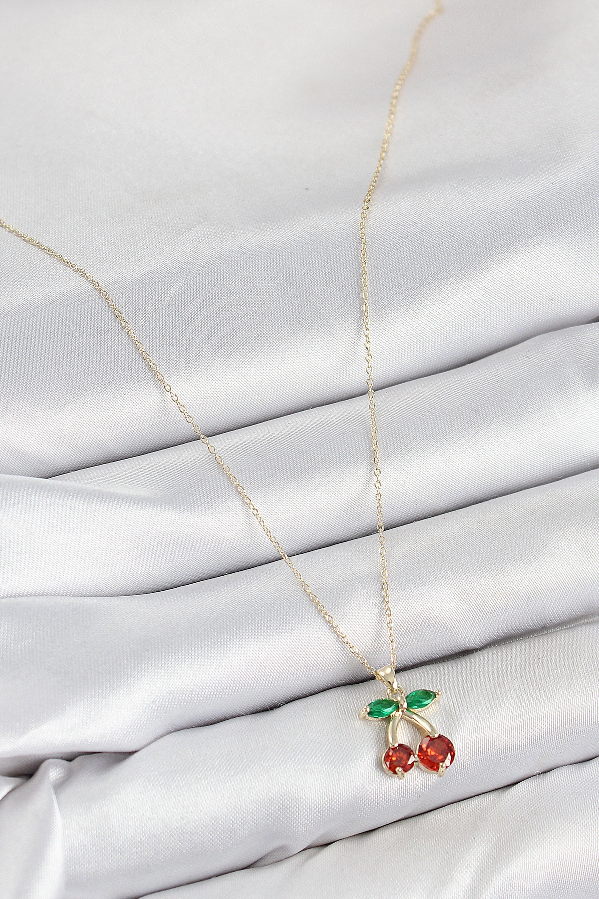 Pirinç Zirkon Taşlı Kiraz Model Gold Renk Kadın Kolye-1