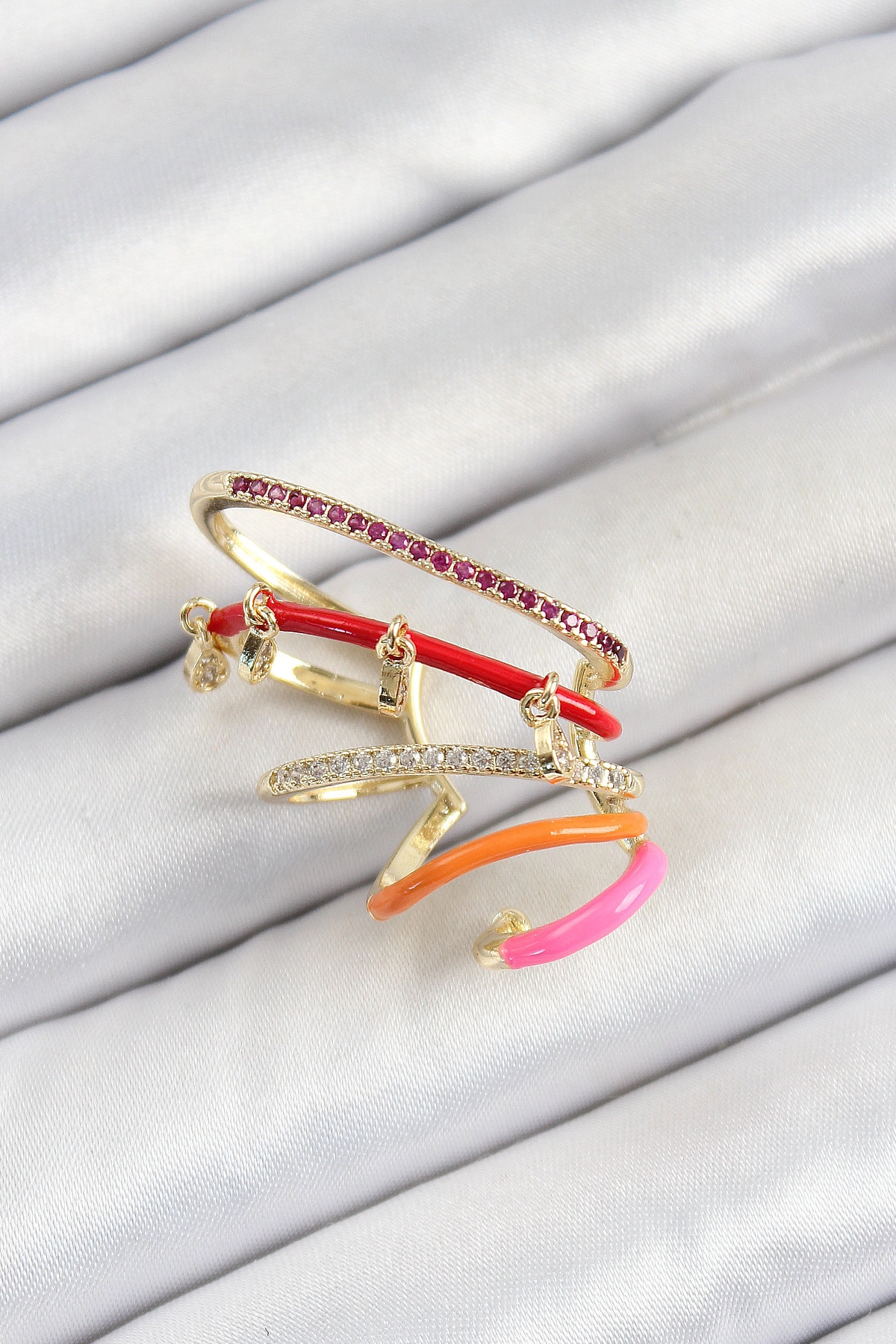 Pirinç Zirkon Taşlı Kırmızı Turuncu Pembe Sıkıştırma Sağ Kıkırdak Gold Renk Kadın Küpe-0