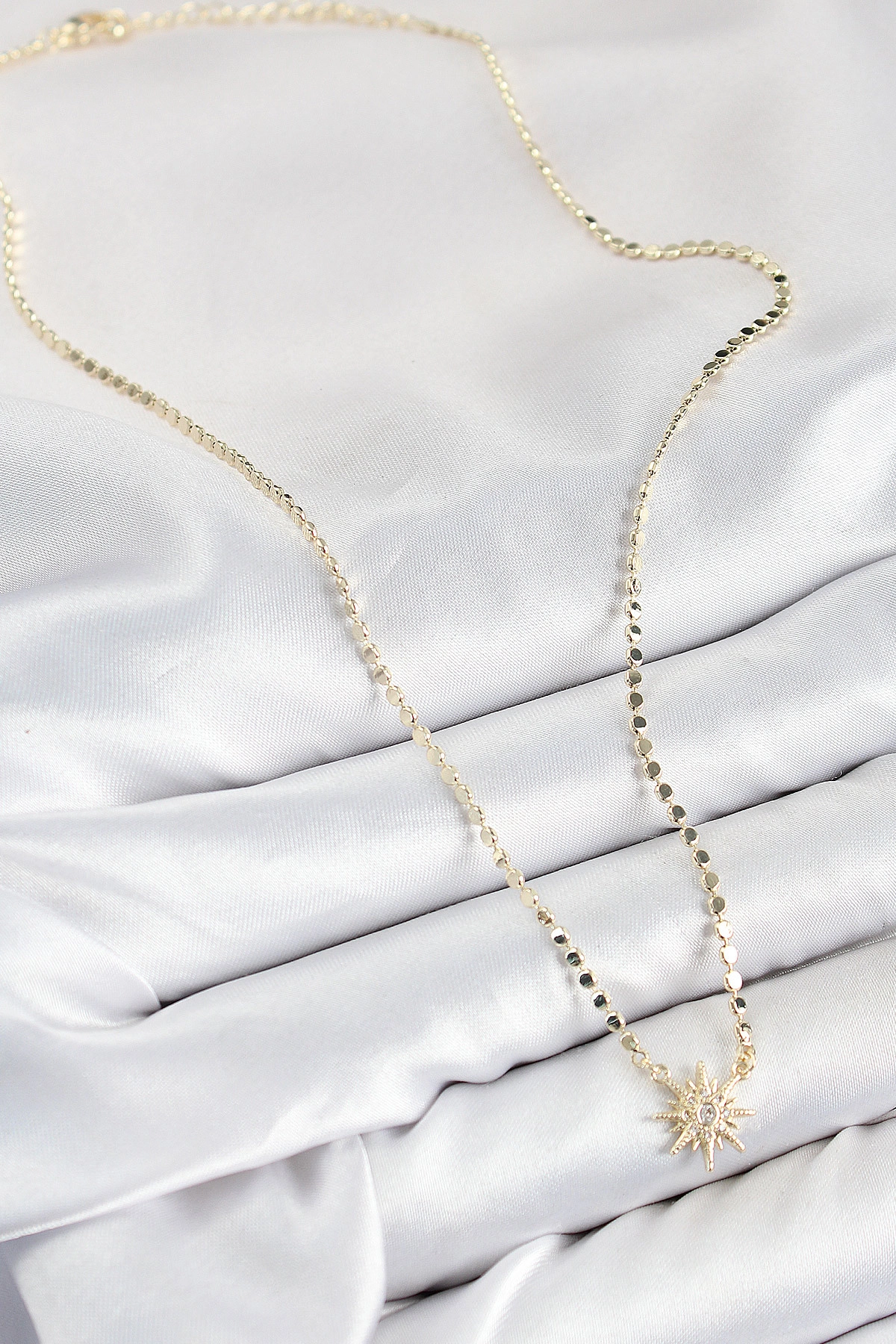 Pirinç Zirkon Taşlı Kutup Yıldızı Model Ezme Zincir Gold Renk Kadın Kolye-1