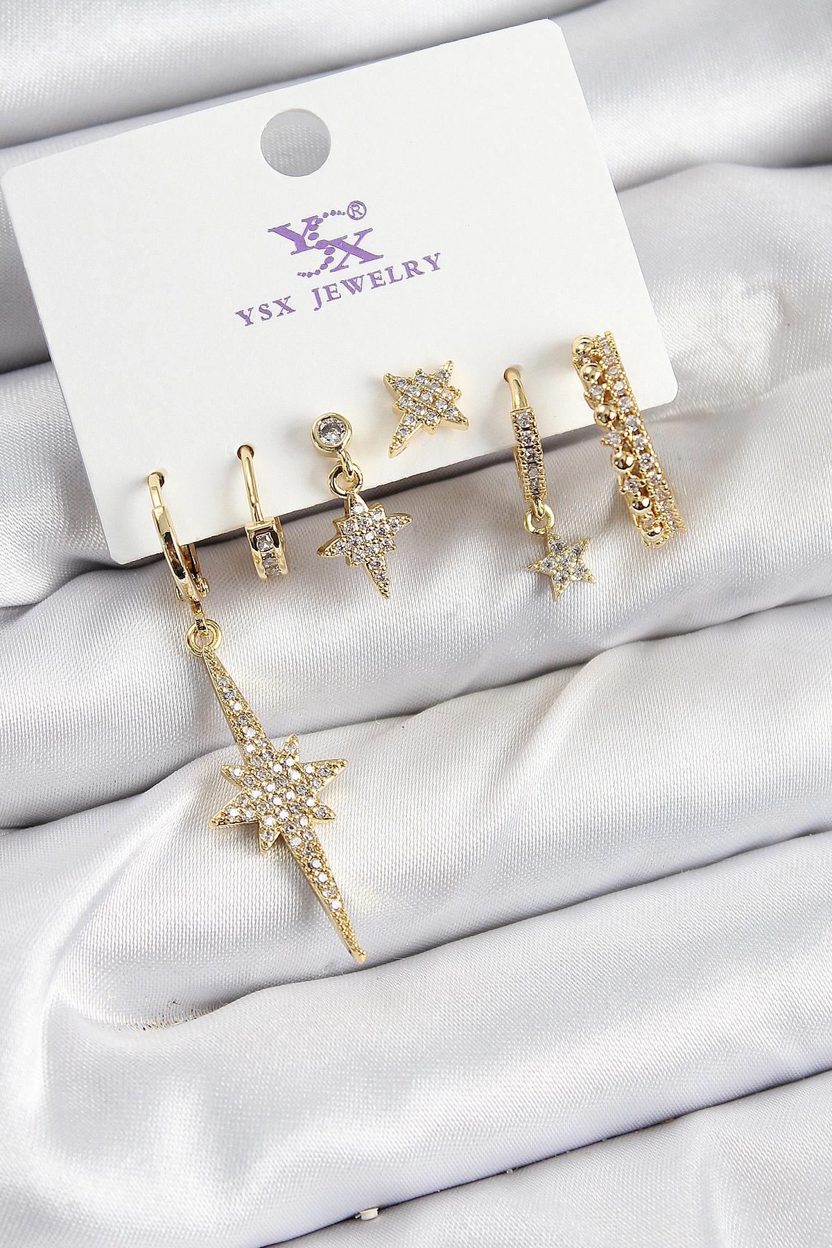 Pirinç Zİrkon Taşlı Kutup Yıldızı Model Gold Renk 3'lü Çift Kadın Küpe-0