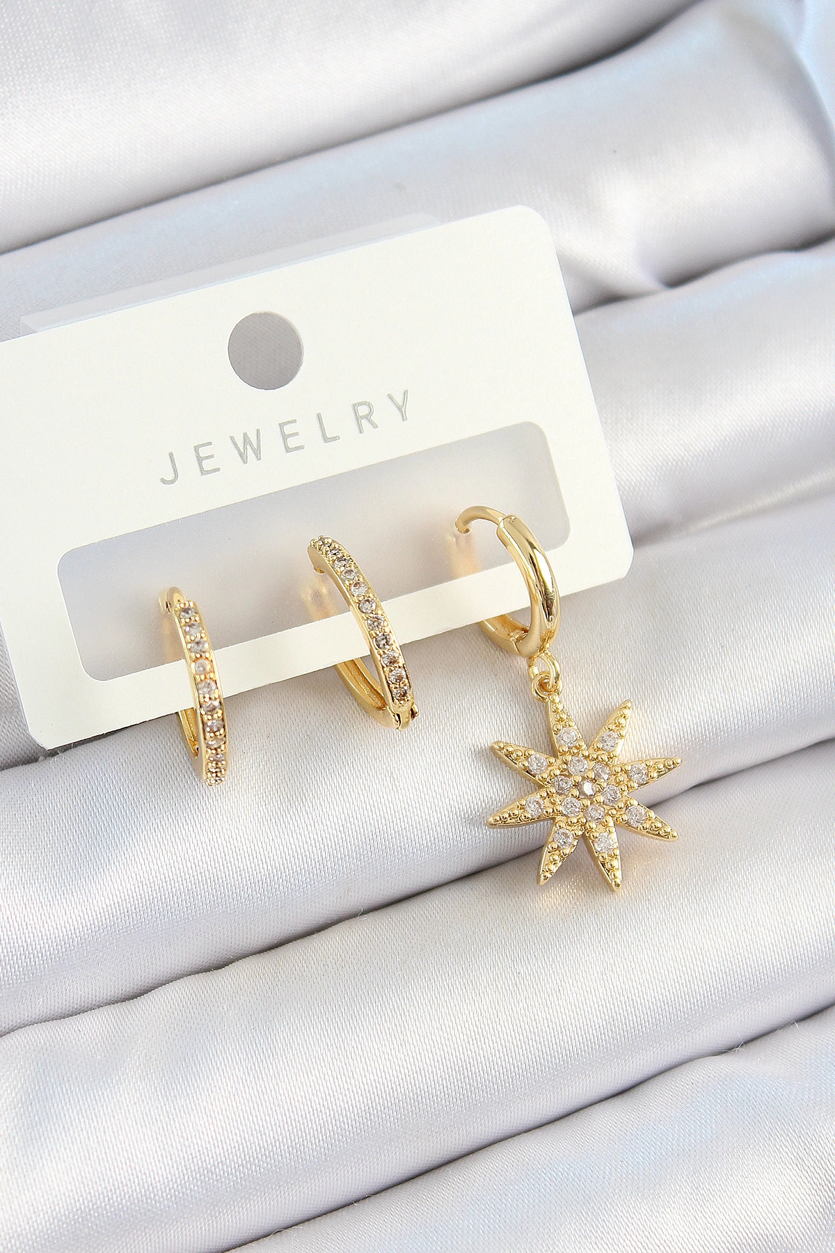 Pirinç Zirkon Taşlı Kutup Yıldızı Model Gold Renk 3'lü Çift Kadın Küpe Set-0