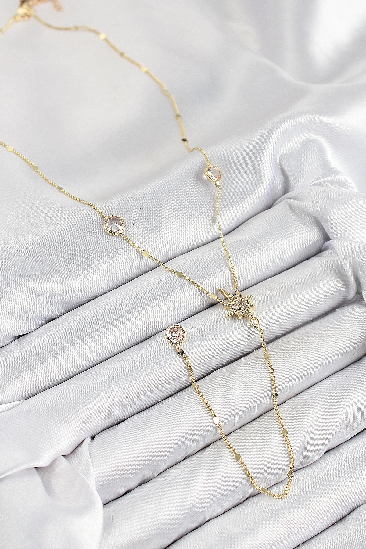 Pirinç Zirkon Taşlı Kutup Yıldızı Model Gold Renk Y Kolye-1